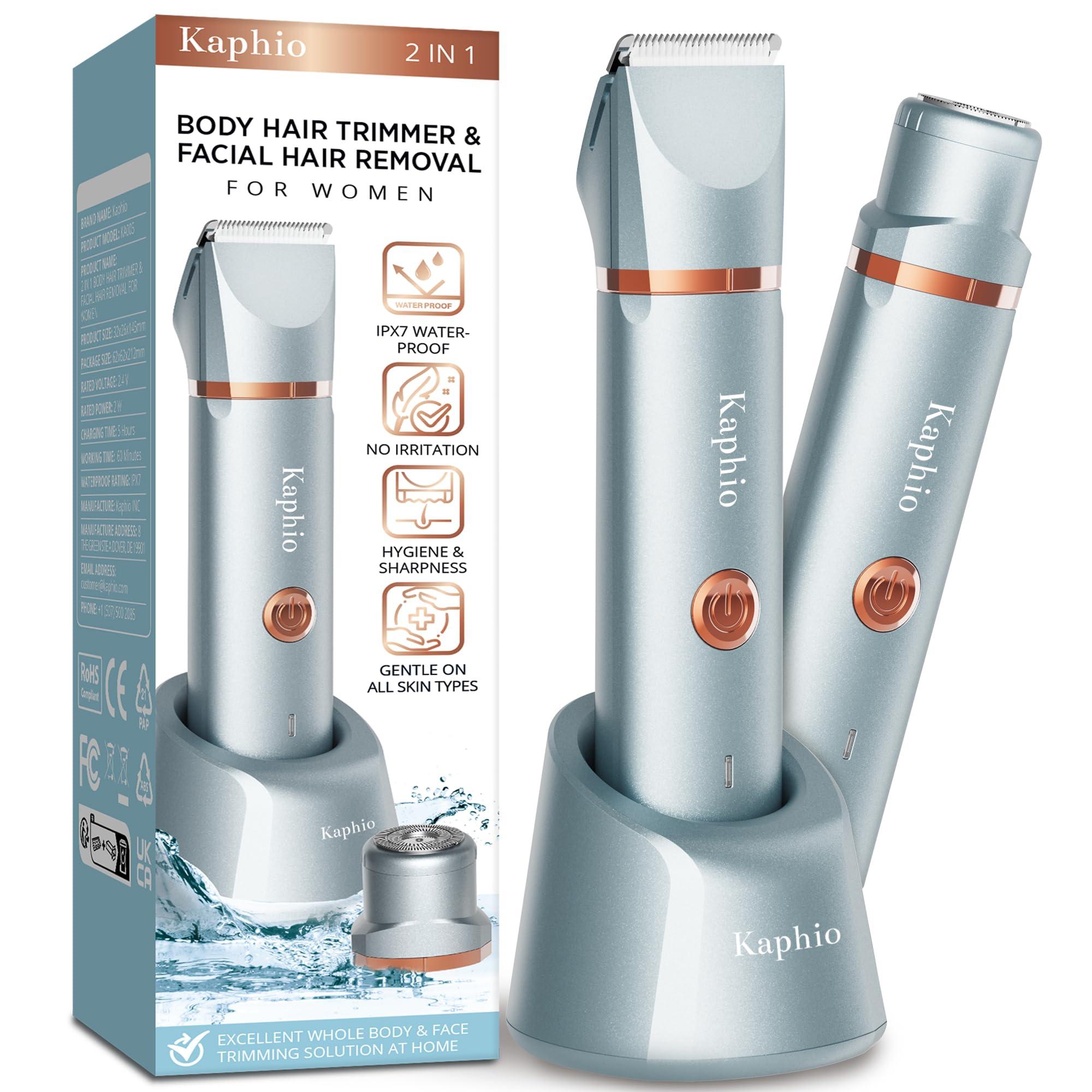 Kaphio Kaphio Electric Bikini Trimer Shaver Women: 2 in 1 IPX7 Waterproof Wet & Dry Use Body Hair Trimmer and Facial Hair Remover - Rechargeable Hair Removal Kit for Bikini Underarm Leg Arm Body Face
