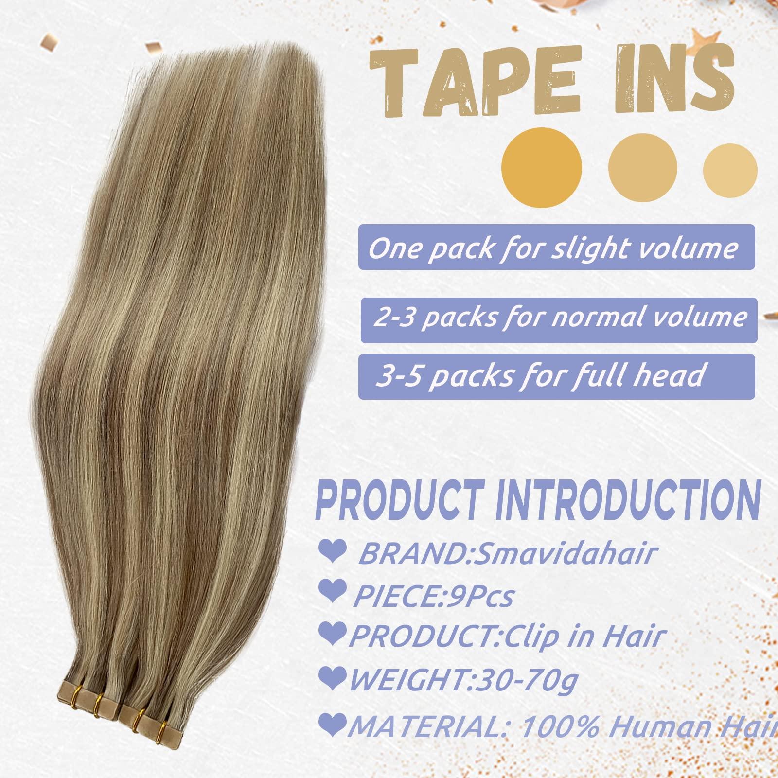 Smavida Balayage Blonde Tape in Invisible Hair Extension Human Hair,Highlight Tape in Hair Extensions Blonde Highlights with Ash Brown Fashion Color Remy Human Hair Extensions Tape in Straight Hair for Women