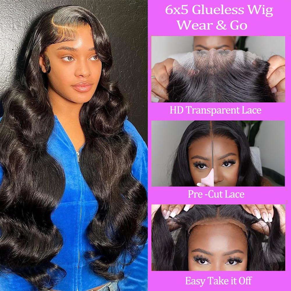 lvmazon 32 Inch Wear and Go Glueless Wigs Human Hair Pre Cut Easy Install for Beginners 200% Density Long Body Wave Wig 6x5 HD Lace Closure Human Hair Wigs for Black Women Pre Plucked Ready to Wear Wig