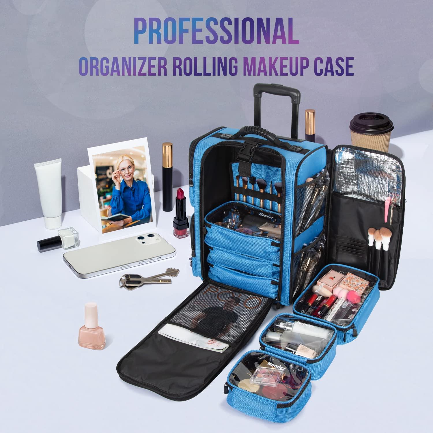 Kemier Kemier Rolling Makeup Train Case - Professional Makeup Travel Case Portable Artist Cosmetic Trolley Soft Side Nylon Large Capacity Organizer Storage bag with Wheels Blue