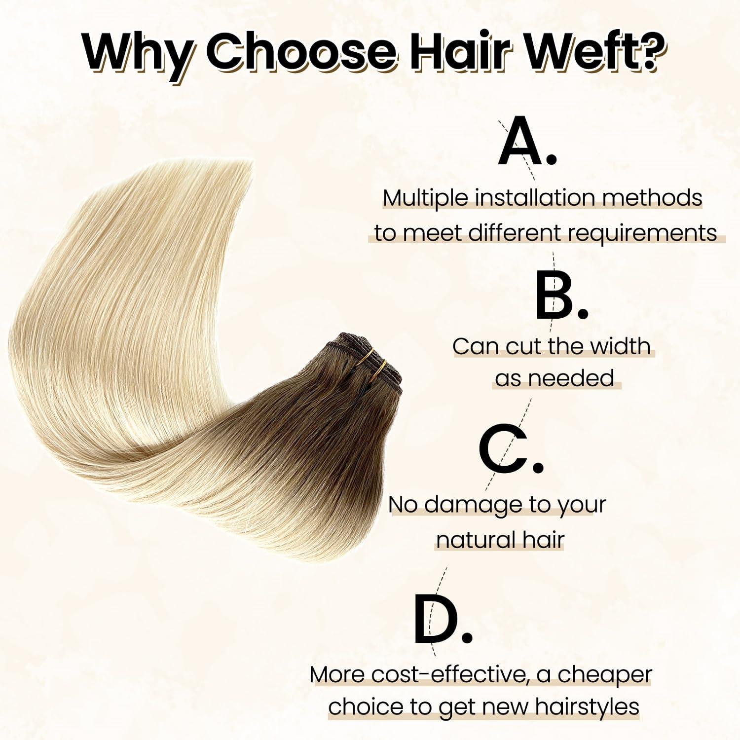 Benafee Sew in Weft Hair Extensions Human Hair, Ombre Hair Wefts Human Hair Sew in Bundles for Women Ash Brown to Platinum Blonde Human Hair Weft Sew in Genius Weft Hair Extensions Human Hair 14 Inch 80G