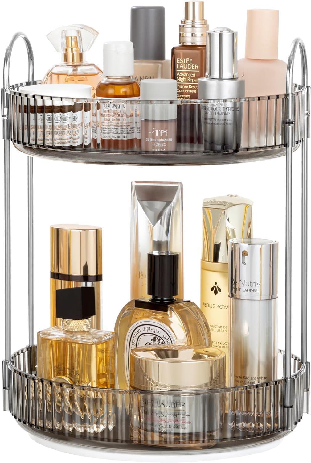 HBlife HBlife 360 Rotating Makeup Organizer, 2 Tier Spinning Perfume Skincare Organizer Large Capacity Cosmetic Storage for Bathroom, Vanity, Countertop, Grey
