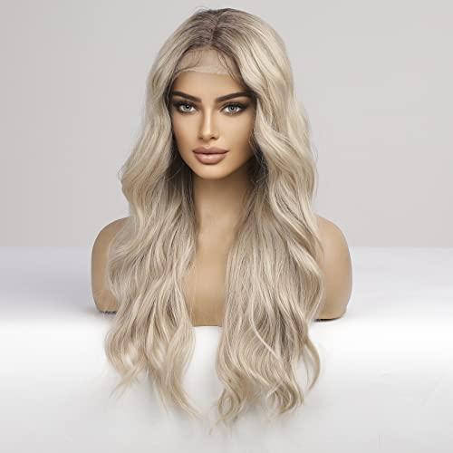 HAIRCUBE HAIRCUBE Long Light Blonde Lace Front Wigs for Women,Natural Synthetic Curly Wig with Dark Roots for Daily Party 27 Inches