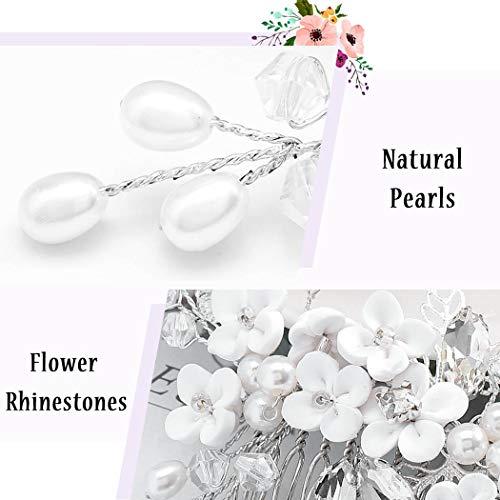 Barode Barode Bridal Wedding Hair Comb Flower Silver Sparkly Rhinestone Side Combs Crystal Bride Leaf Pearl Hair Accessories for Women and Girls (Silver)