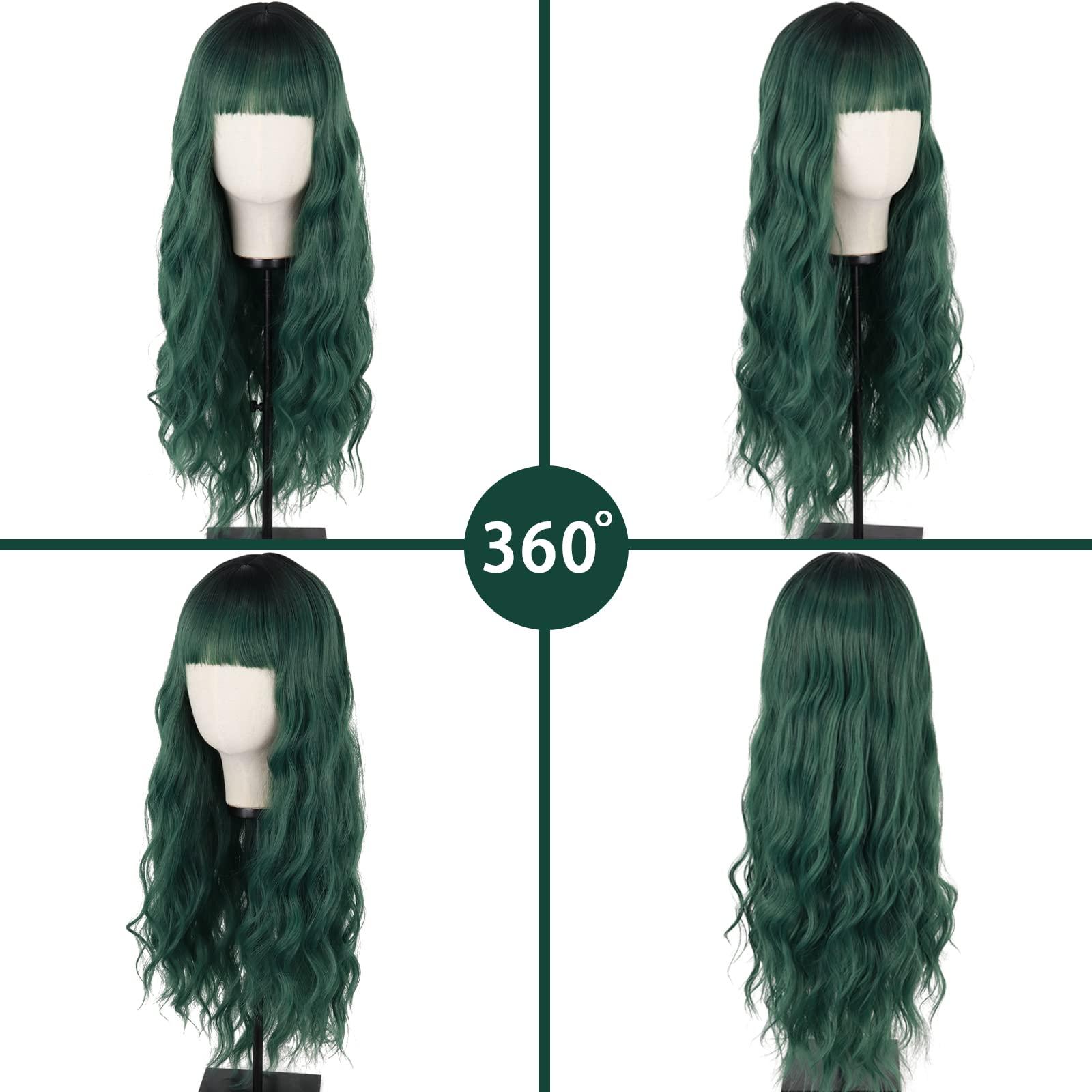 MERISIHAIR MERISIHAIR Long Dark Green Wig with Bangs,Ombre Curly Green Wig for Women,Long Dark Green Cosplay Wig Synthetic Natural Looking for Daily and Party