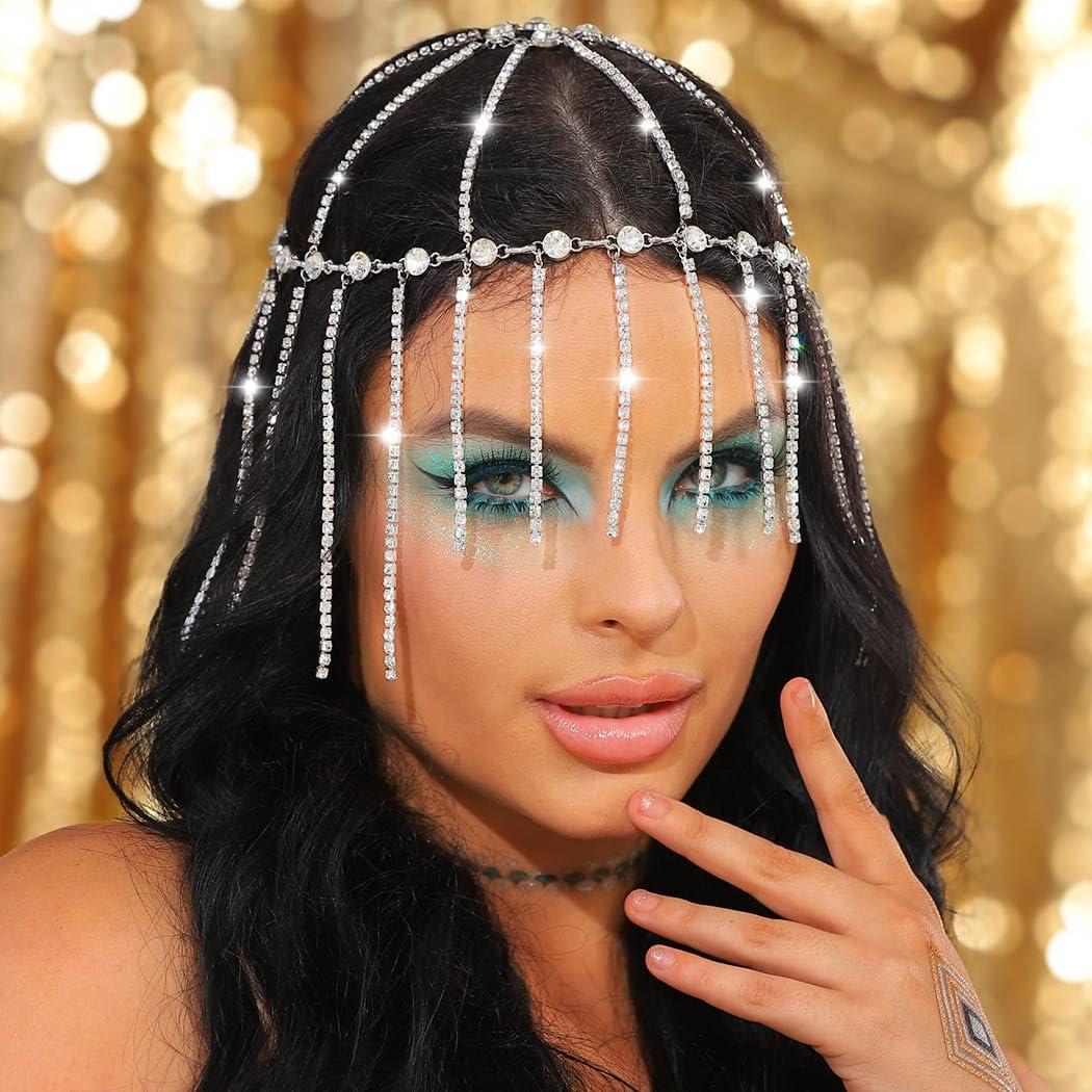 Aukmla Aukmla Rhinestones Head Chain 1920s Flapper Headpiece Cap Crystal Headband Hair Chains Roaring 20s Wedding Hair Accessories for Women and Girls