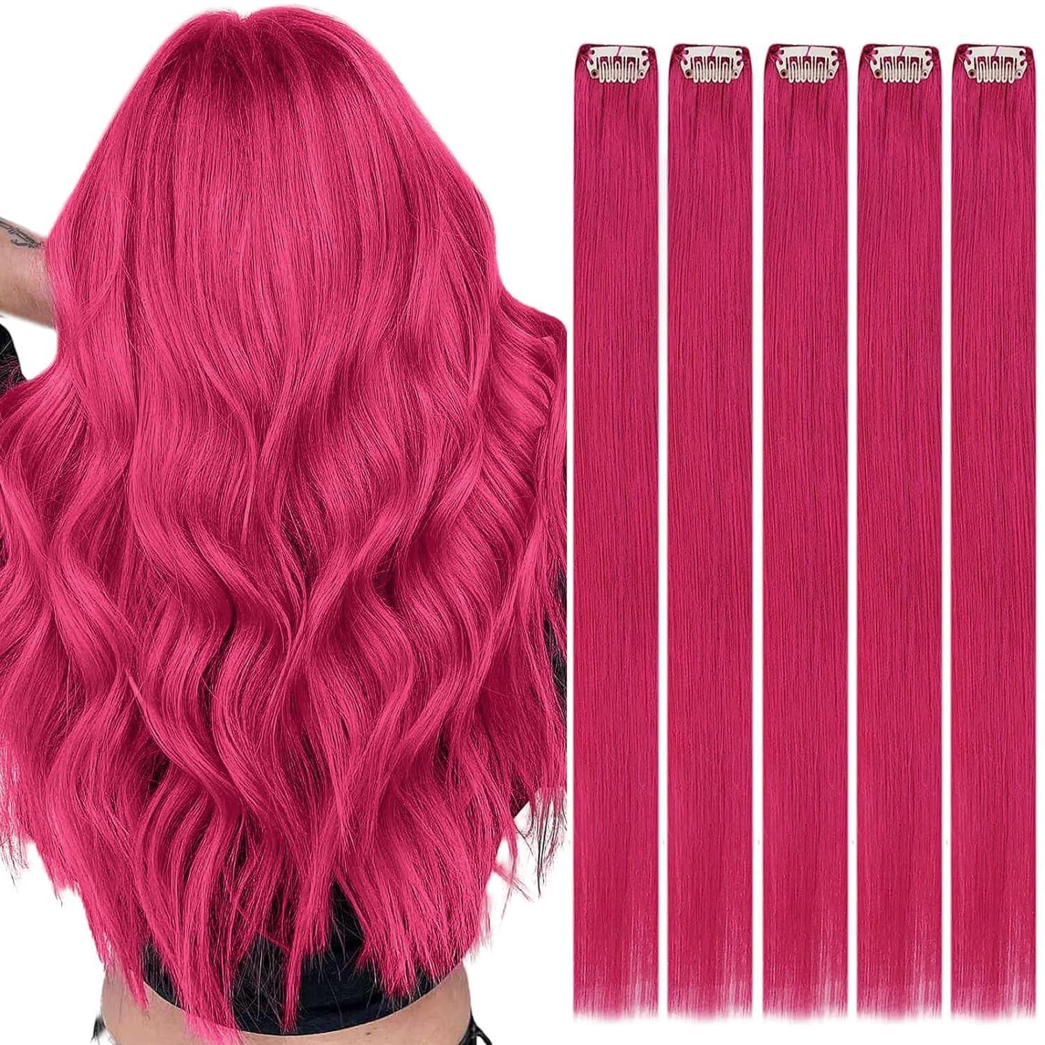 RUNATURE RUNATURE Bundles 22 Inch Purple and Hot Pink Hair Extensions Real Human Hair Clip ins 25g 5pcs