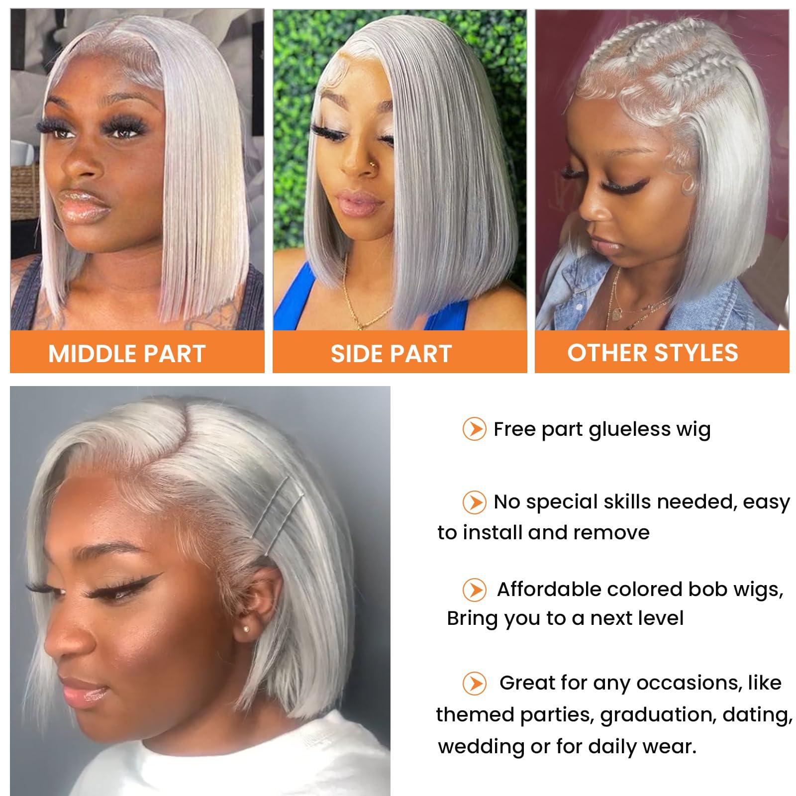 Licoville Grey Short Bob Wig Human Hair 8 Inch Glueless Real 13x4 Bob Lace Front Wigs Human Hair Full 180% Density Free Part Frontal Bob Wigs Human Hair Silver Gray Lace Front Human Hair Bob Wigs Free Part
