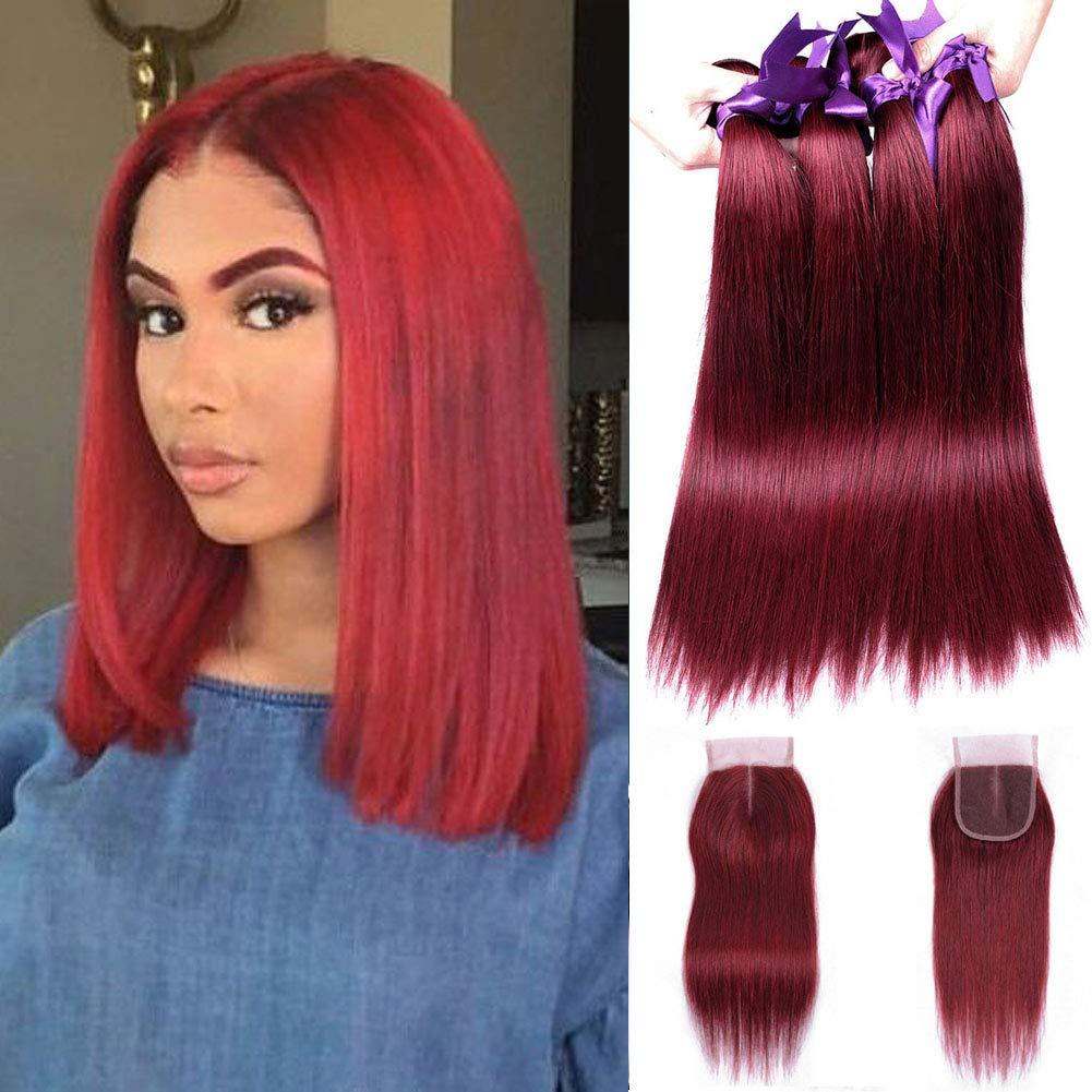 USHUIUS 99J Burgundy Hair Bundles With Closure Human Hair, Wine Red Straight Human Hair Bundles With 4x4 Lace Closure Brazilian Weave Hair Extensions 3 Bundles with Closure (14 16 18+12)