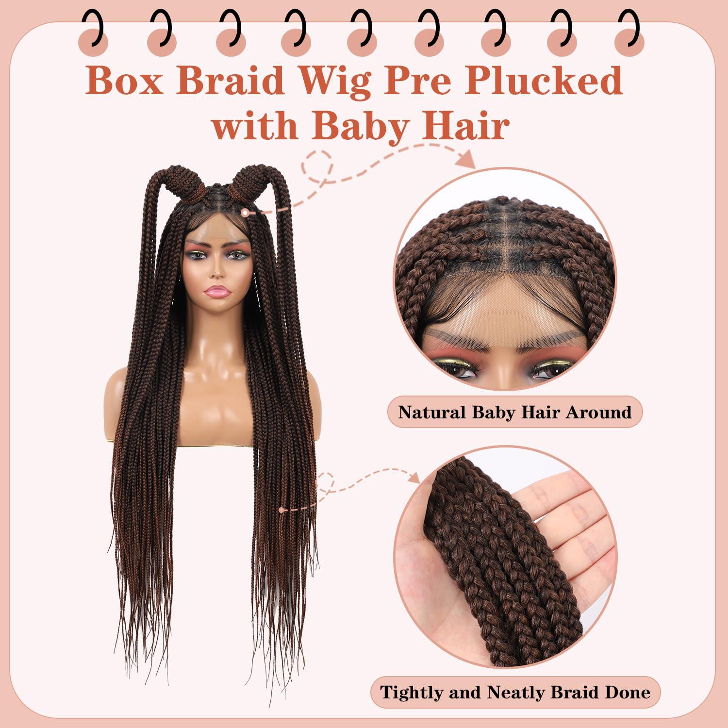 Lexqui Lexqui 36 inch Braided Wigs for Women Square Knotless Braided Lace Front Wigs Full Double Lace Box Braid Wig with Baby Hair Human Hair Blended Braid Wigs Brown