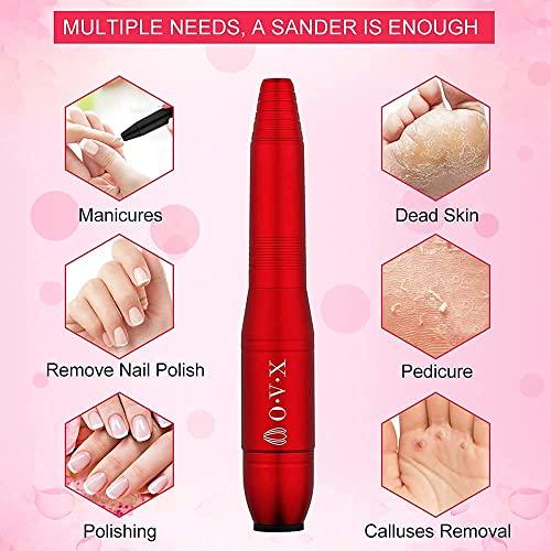 OVX Electric Nail Drill, Professional Portable Nail Drill for Acrylic Nails, Portable Electric Nail File Kit with Nail Drill Bits and Sanding Bands,Manicure Pedicure for Polishing,Nail Removing(Red)
