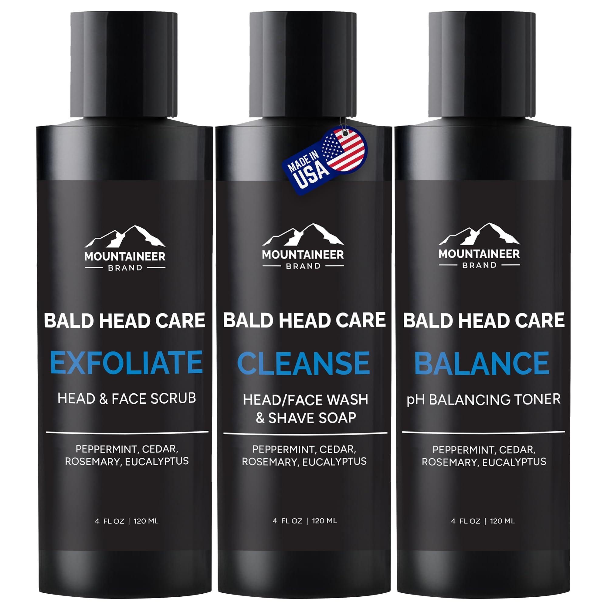 Mountaineer Brand, 100% Natural Always Mountaineer Brand Bald Head Care Gifts For Bald Men | All Natural 3 Step Daily Skin Care for Healthy Scalp & Face | Exfoliate Scrub | Cleanse Wash | Shine Away PH Balance