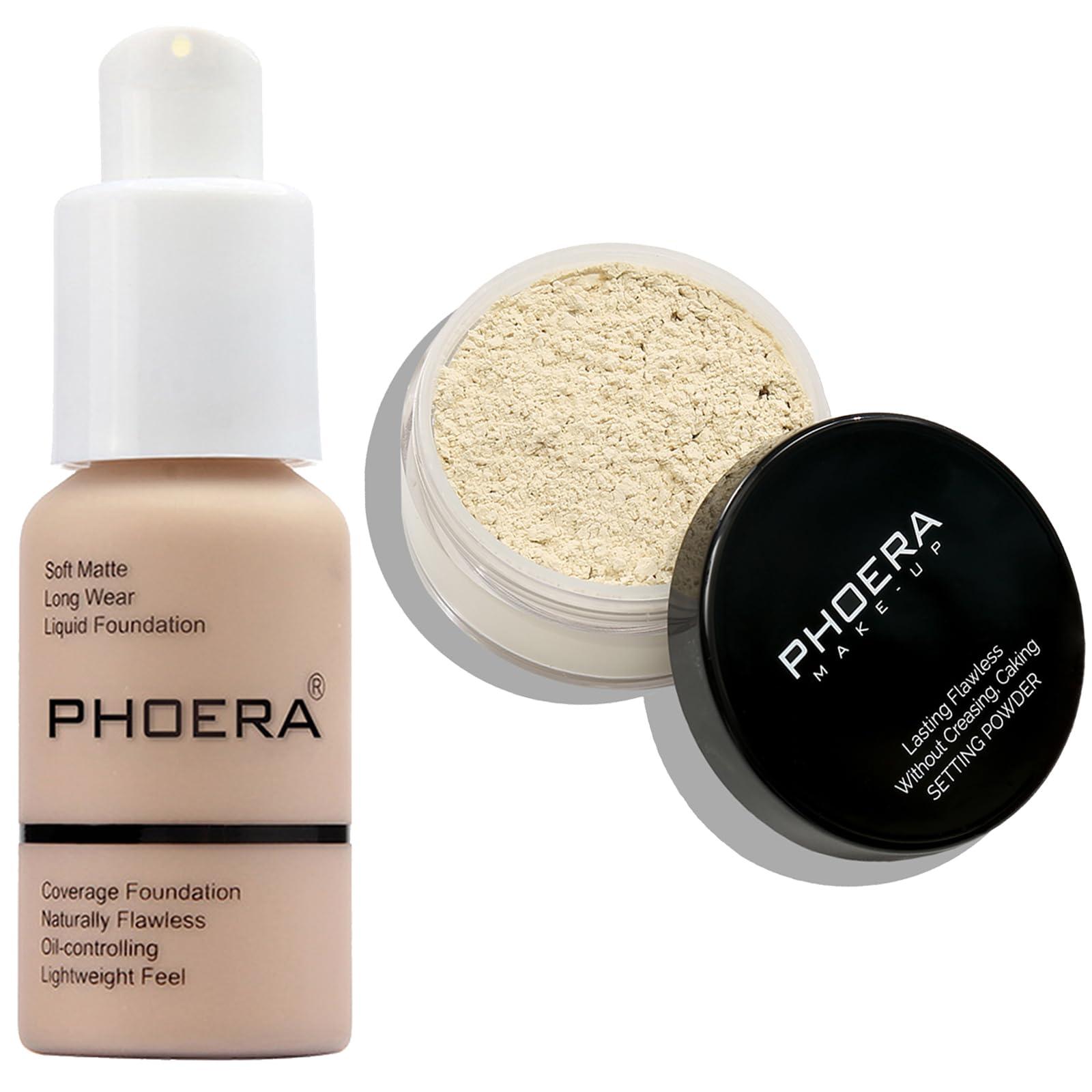 Hilareco PHOERA Foundation Full Coverage,PHOERA Face Powder, Soft Focus Setting Powder, PHOERA Makeup Lightweight Wrinkles Matte Natural Finish for a Flawless Complexion (102 Nude+N.01 Translucent)