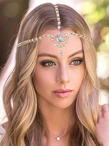Catery Catery Head Chain Jewelry Crystal Hair Chains Boho Headpiece Pendant Head Chain Hair Jewelry Hair Accessories for Women and Girls (Gold)