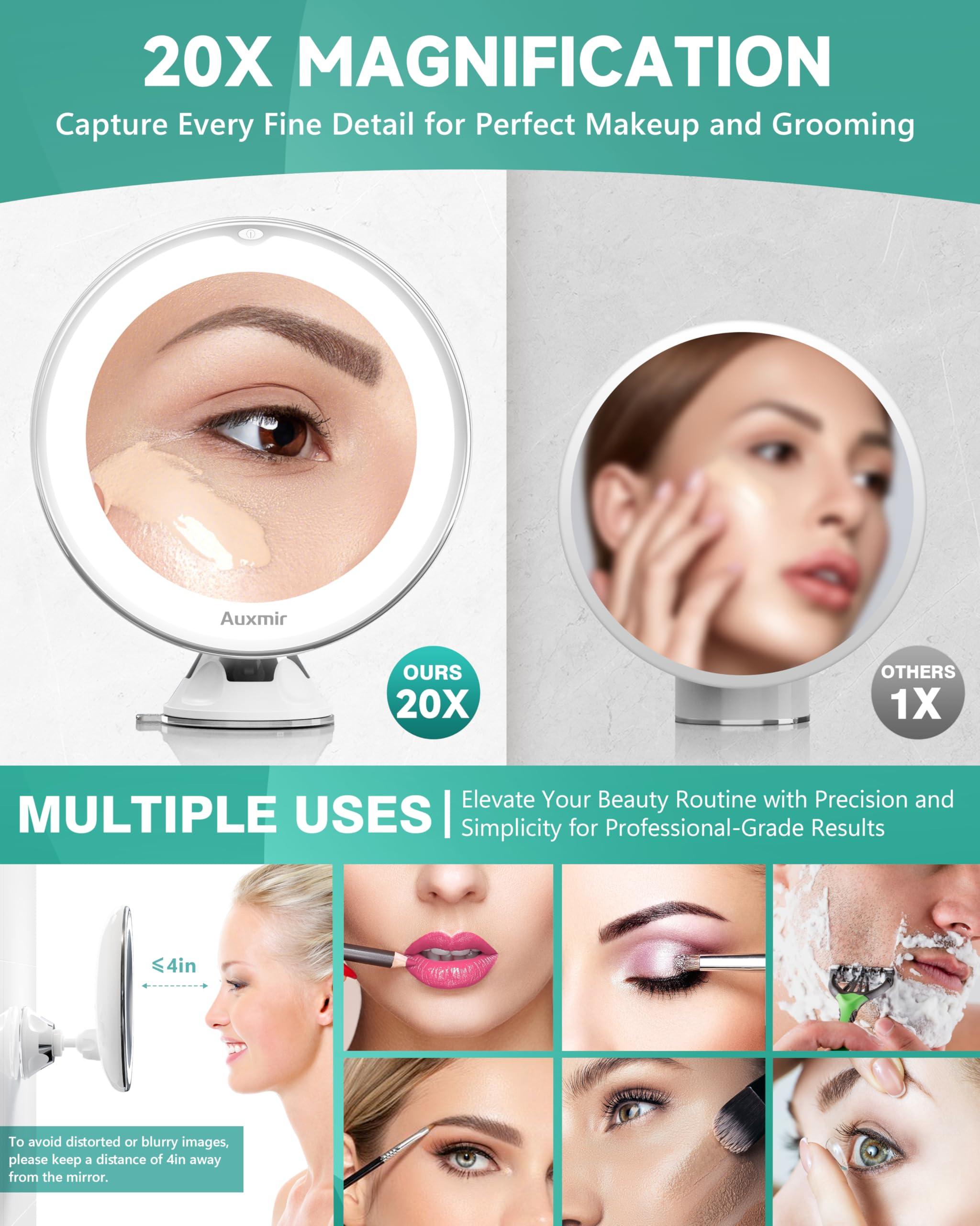 Auxmir Auxmir 2025 Upgraded 20X Magnifying Lighted Makeup Mirror with 2-Level Brightness, Vanity Mirror with Power Suction Cup and Tweezers, 360 Swivel, Portable Bathroom Mirror for Home Travel, White