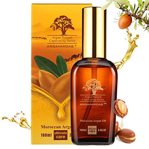 ARGANMIDAS ARGANMIDAS Hair Oils, Moroccan Argan Oil for Hair and Face Skin Moisturizer, Leave Hair Soft & Shiny, Hair Treatment oil for Men Women Dry Damaged Frizzy Hair, 3.4 Fl Oz
