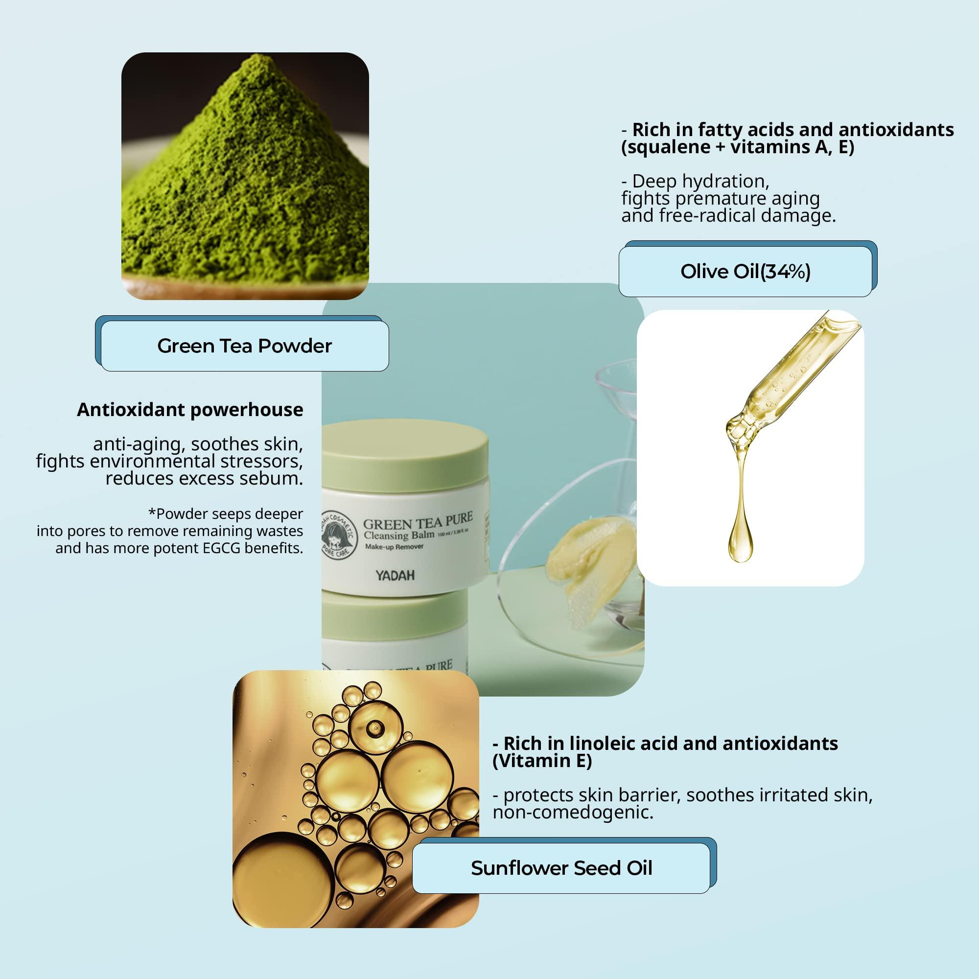 YADAH YADAH Green Tea Cleansing Balm (3.38fl oz) - Makeup Remover, Moisturizing, Residue-Free. Korean Skin Care. Vegan, Hypoallergenic.