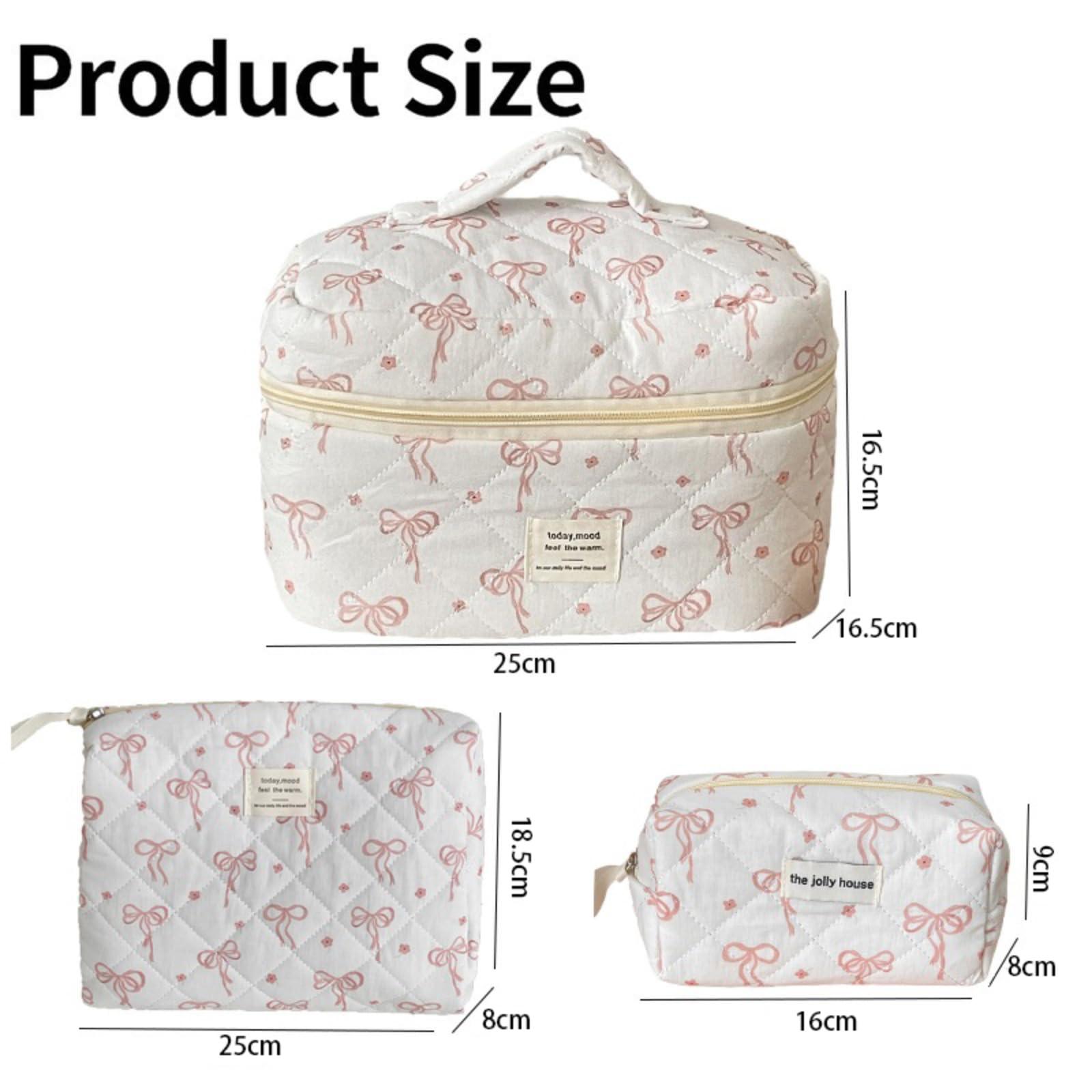 JINFANRUI Makeup Bag Set, 3 Pcs Quilted Makeup Bag Set, Pink Bow Makeup Bag Travel Toiletry Bag, Striped Bear Makeup bags, Cute Cotton Cosmetic Bag Large Travel Makeup Bag For Women And Girls (E)