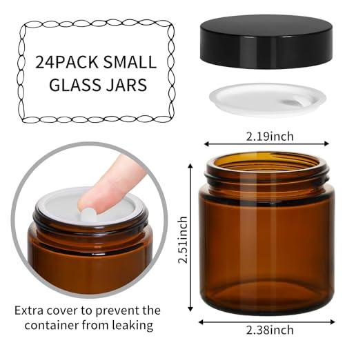 KEYWING KEYWING 4oz Small Glass Jars with Black Lids, 24 Pack Amber Empty Cosmetic Containers Round Glass Jar with Inner Liners for Lotions, Powders and Ointments