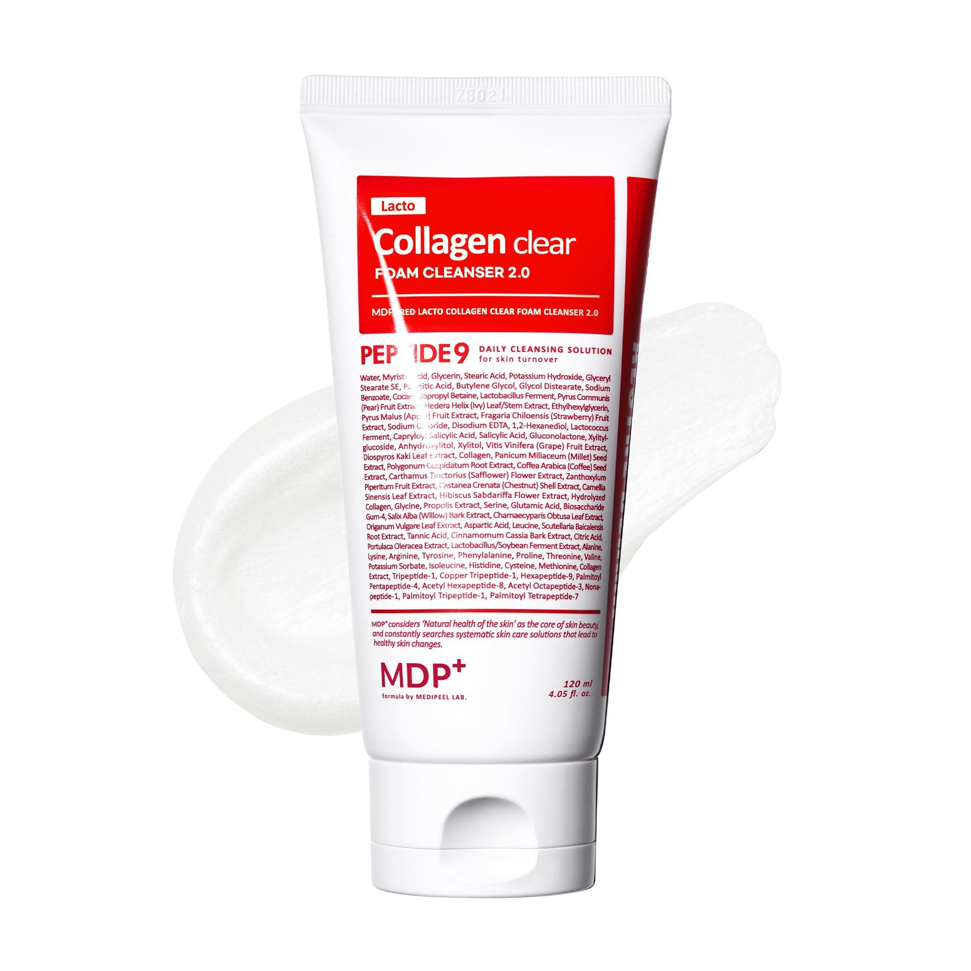 MDP MDP+ RED LACTO COLLAGEN CLEAR 2.0, Peptide, Deep Pore Cleansing, Hydrating|4.05oz/120ml,Pore Tightening, Hydrating Cleanser, Daily Moisturizing Cleanser, Foaming Facial Wash