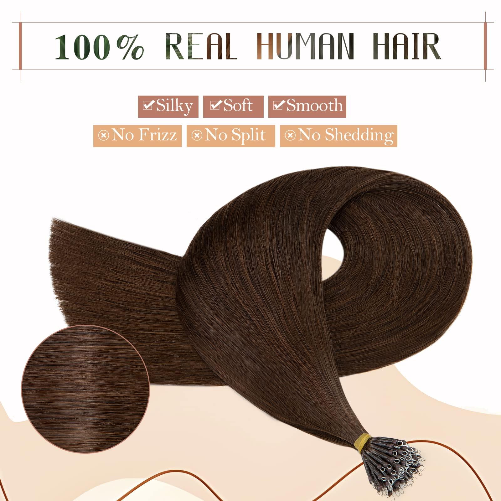TESSHAIR Nano Bead Hair Extensions Human Hair 20 Inch Nano Ring Hair Extension 100% Real Human Hair, Natural Can be Washed Curled Dyed Permed, 50 Strands 50g #04 Medium Brown