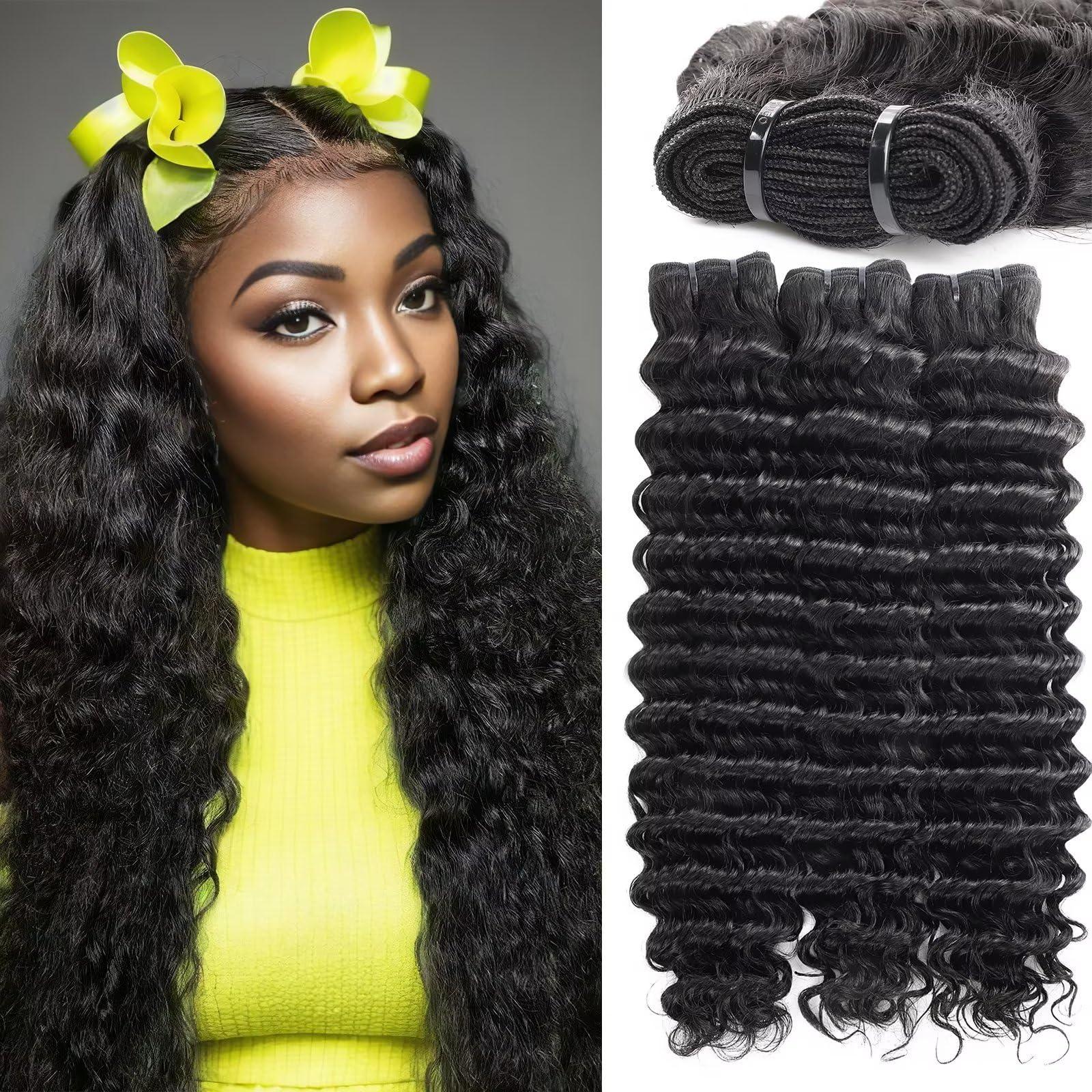 LOLLY HAIR Deep Wave Bundles Human Hair 20 22 24 Inch Water Wave Bundles 100% Unprocessed 10A Brazilian Virgin Human Hair Wet and Wavy Bundles Double Weft Deep Curly Weave 3 Human Hair Bundles Natural Black