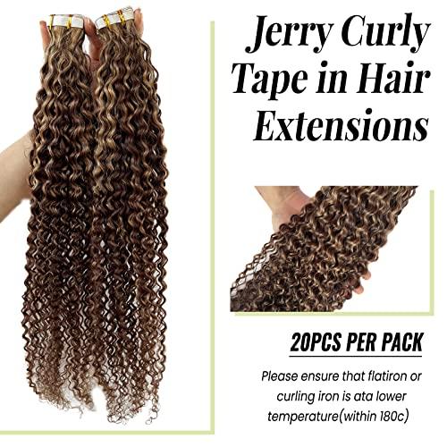 Valiilo Jerry Curly Tape ins Human Hair Extensions, Blonde Tape in Human Hair Extensions Invisible Glue in Remy Hair Brown to Caramel Blonde Highlights Curly Tape on Real Hair 20 Pieces 50 Gram 22 Inch