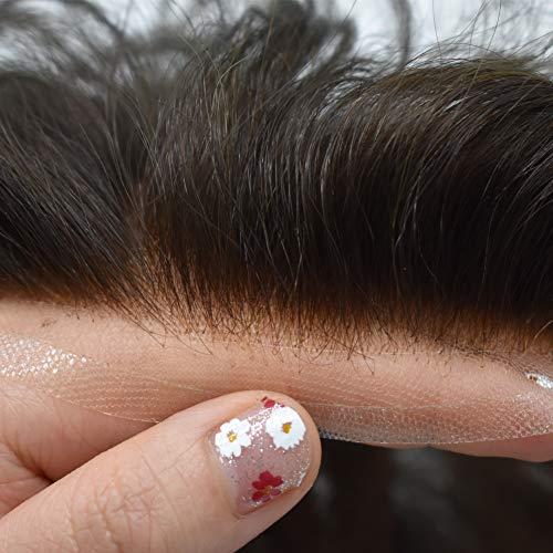 LHC HAIR Toupee For Men Hair System Swiss Lace Hair Pieces Human Hair Mens Toupee Men Hair Replacement System White Grey Hair Units (7*9", 1# Jet Black-120% Medium Light to Medium Density)