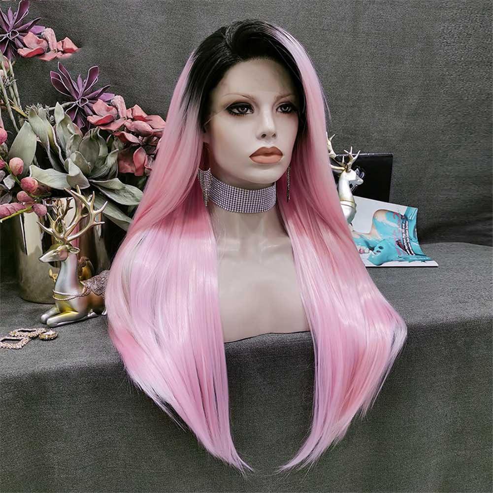 Generic Pink Wig Synthetic Lace Front Wig Dark Root Straight Hair Wigs 24 Inch Cosplay Wigs For Women Pink Lace Front#24inches