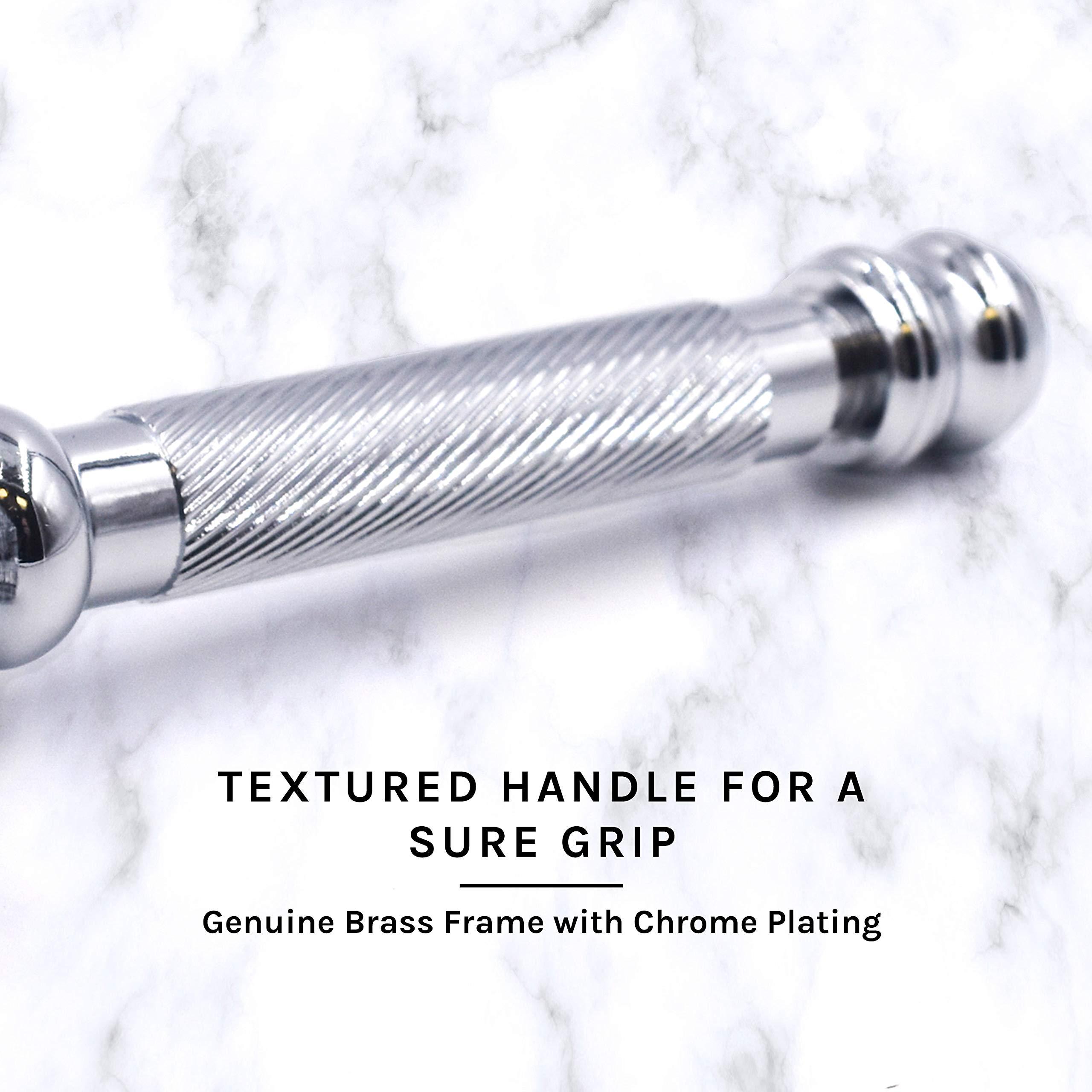 Parker Safety Razor Parker 99R Chrome Long Handle Heavyweight Butterfly Open Double Edge Safety Razor for Men, 5 Parker Premium Platinum Double Edge Razor Blades Included