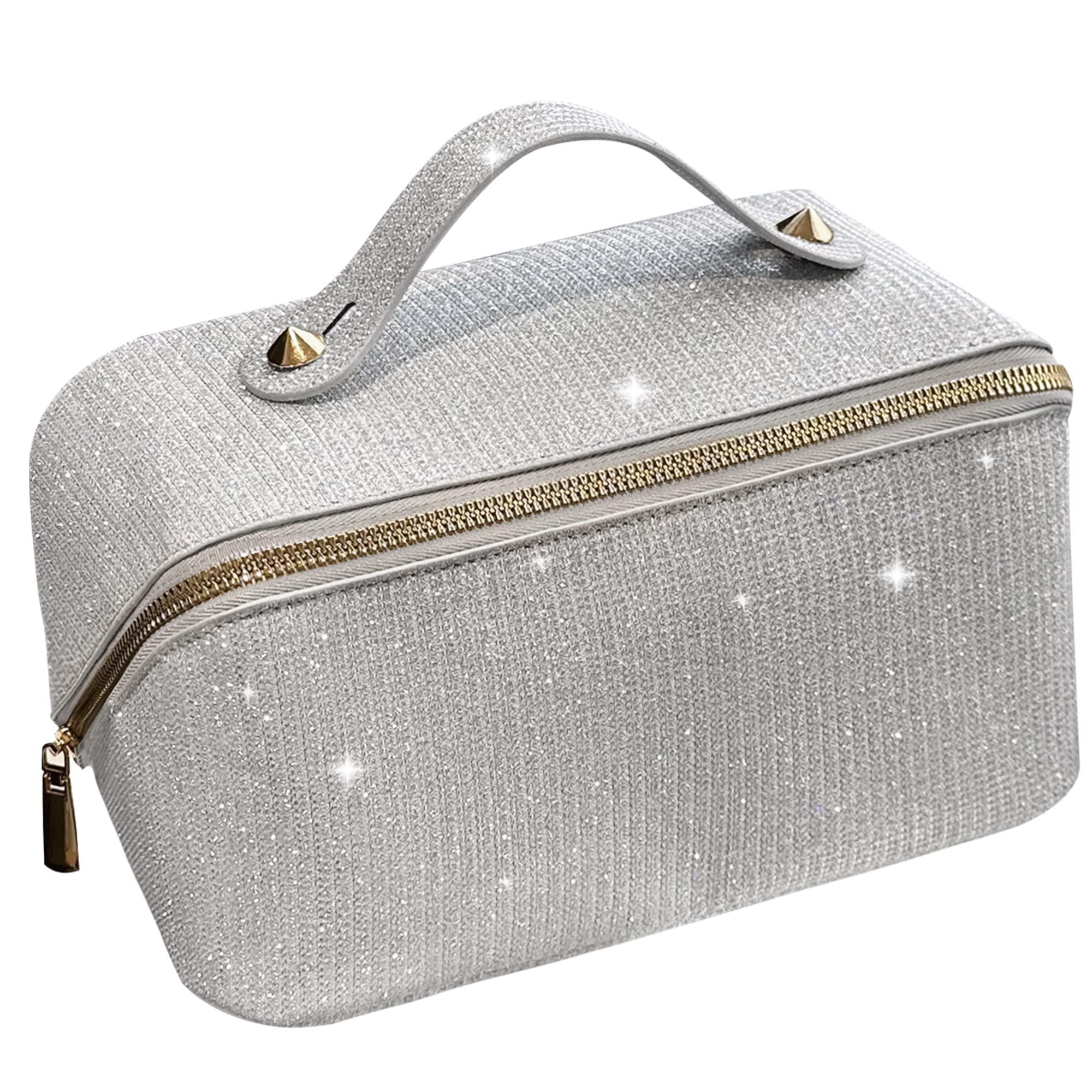 Cessfle Large Capacity Travel Cosmetic Bag Glitter Makeup Bag Everything Sparkly Shiny Make up Bag Portable Sequin Toiletry Travel Bag with Handle and Divider for Women (Silver)