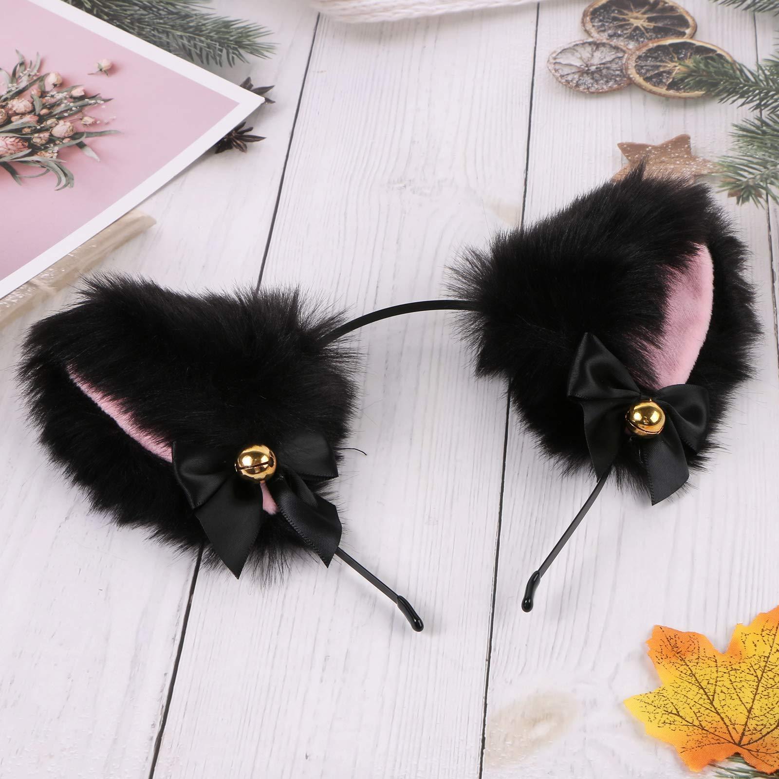 EVERMARKET EVERMARKET Cat Ears, Faux Furry Headband with Bells, Anime Fox Cat Ears Cosplay Accessories, Hairband for Halloween Costume Party Fancy Dress, One Size, Black-Inner Pink