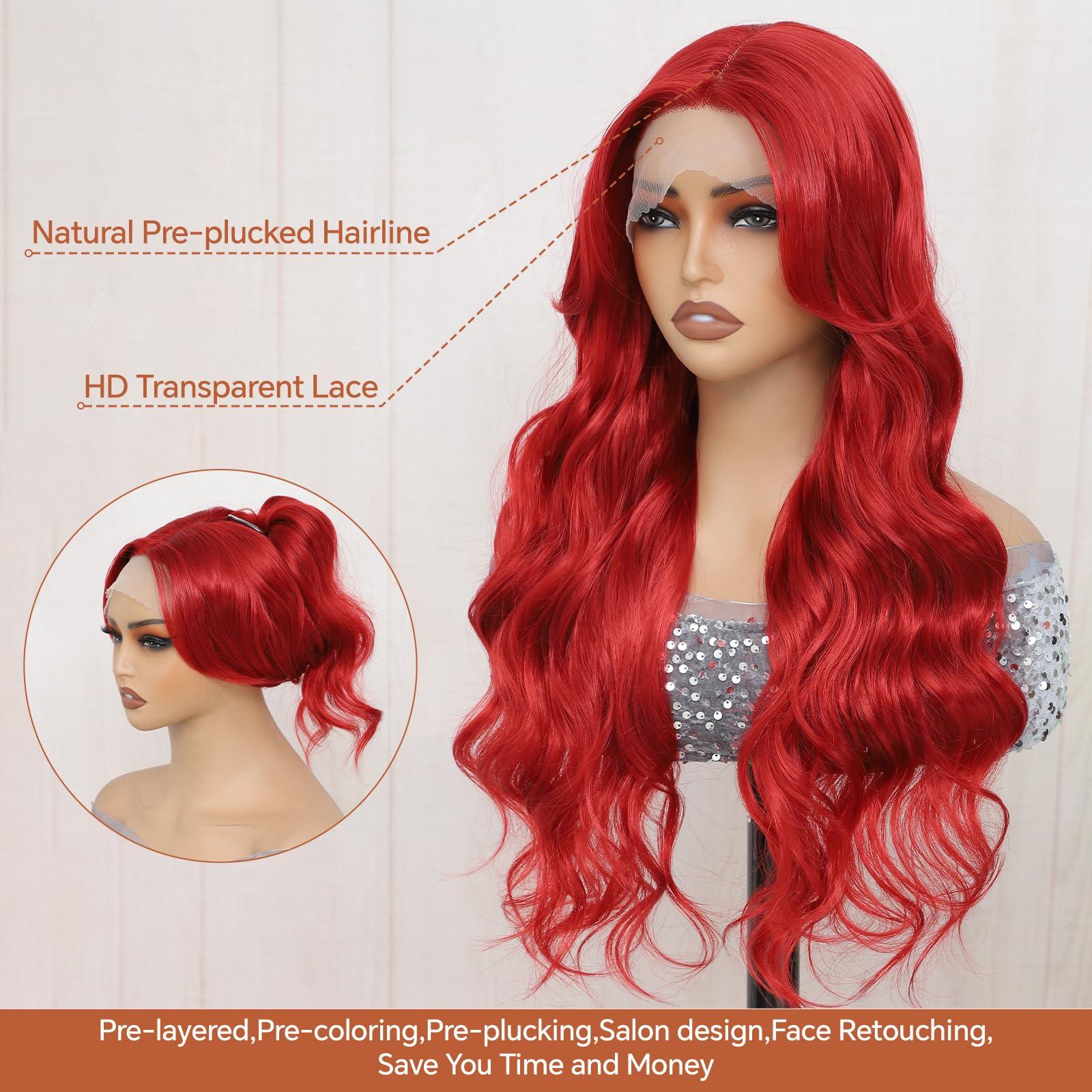 Drehande Drehande Red Lace Front Wig Synthetic Lace Front Wig Body Wave Heat Resistant Hair 13x4x1 T-part Lace 26 Inch Pre-plucked Glueless Lace Wigs for Women (Red, 26Inch)