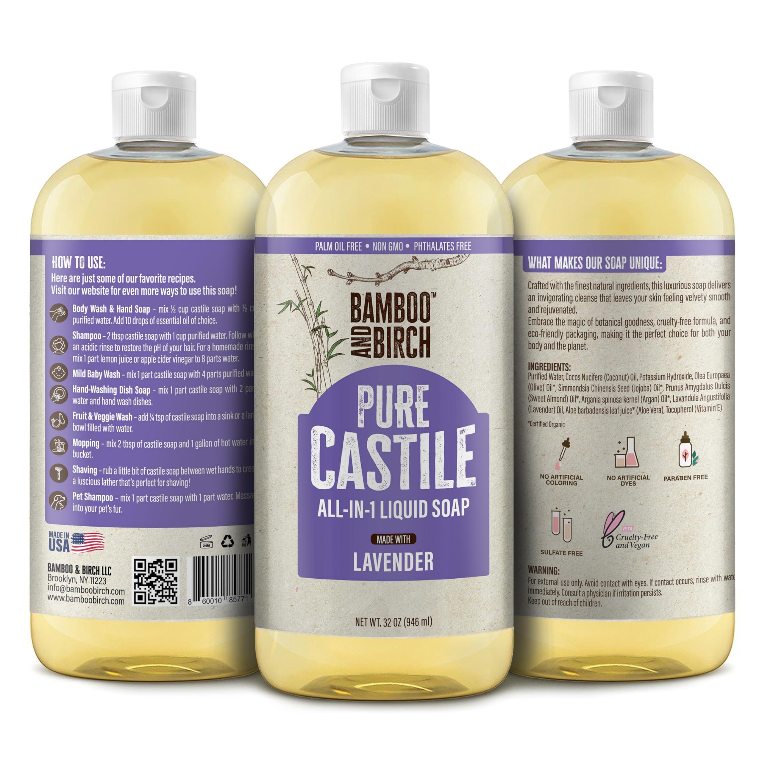 BAMBOO AND BIRCH BAMBOO AND BIRCH Pure Castile Soap Liquid Organic, Certified Palm Oil Free Natural Soap, Lavender, 32 oz