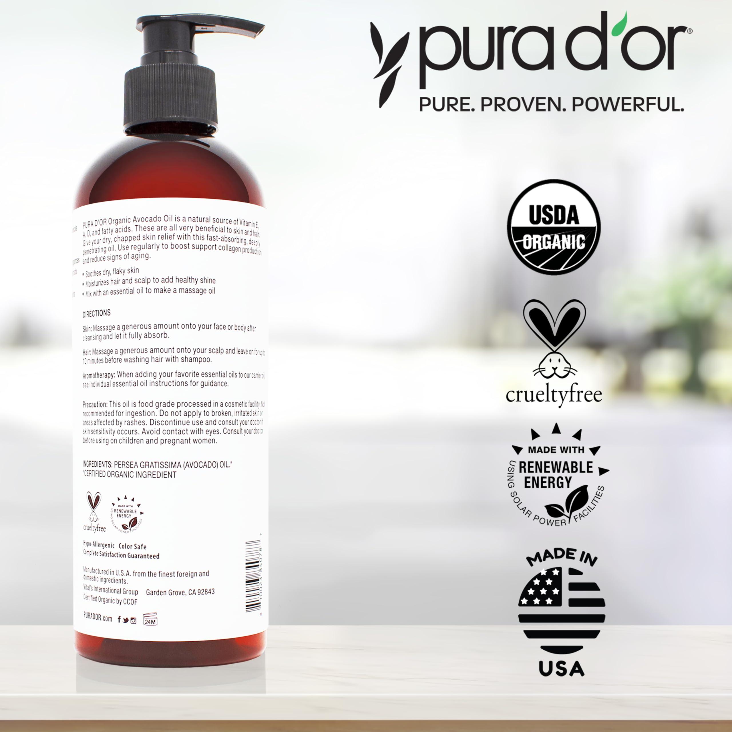 PURA D\'OR PURA D\'OR 16 Oz ORGANIC Avocado Oil - 100% Pure & Natural USDA Certified Cold Pressed Carrier Oil For DIY Beauty, Non-Greasy, Unscented, Hexane Free Liquid Moisturizer - Face Skin & Hair - Men & Women