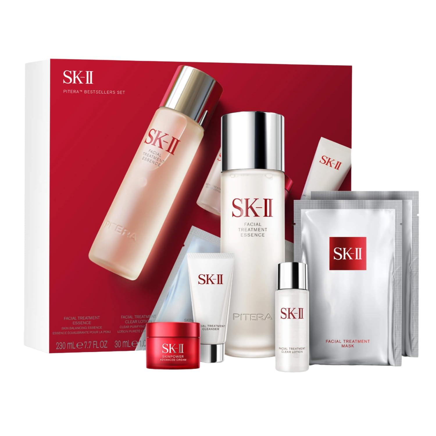 SK-II SK-II Best Sellers Skincare Gift Set - Anti Aging Skincare Set Includes Full Size Facial Essence, Travel Size Cleanser, Toner & Face Cream & 2 Sheet Masks (6 Count)