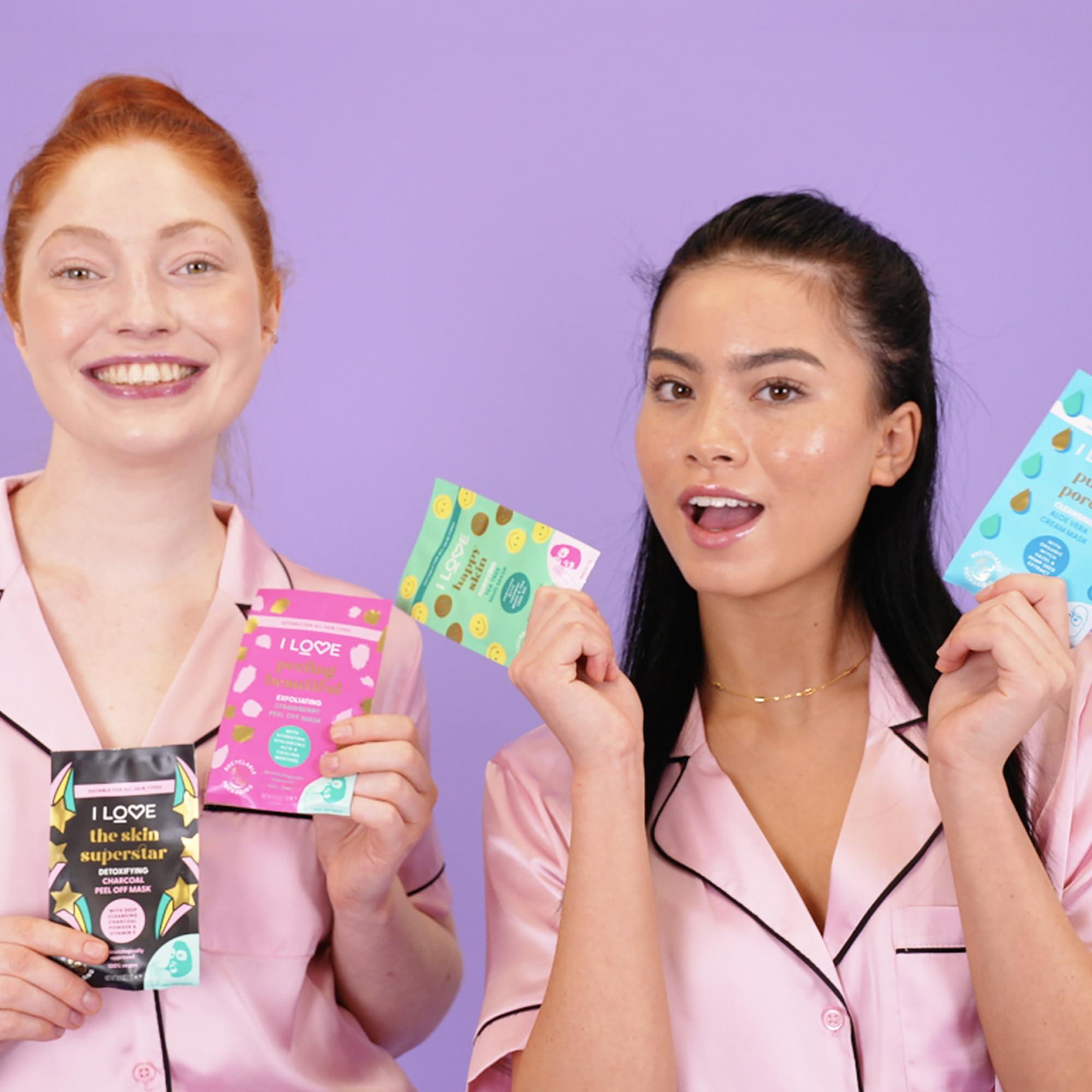 I Love I LOVE Face Time and Chills Face Masks - Facial Mask Self Care Kit - Peel of Mask, Mud Mask, and Cream Mask Selections - Soothing and Hydrating - 4 pc