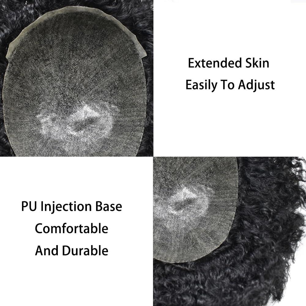 Brave Hair Afro Curly Toupee for Black Men Full Poly PU Injected African American Hairpiece Replacement Systems Hair Units for Black Man8\"x10\"1B#Off Black-6mm
