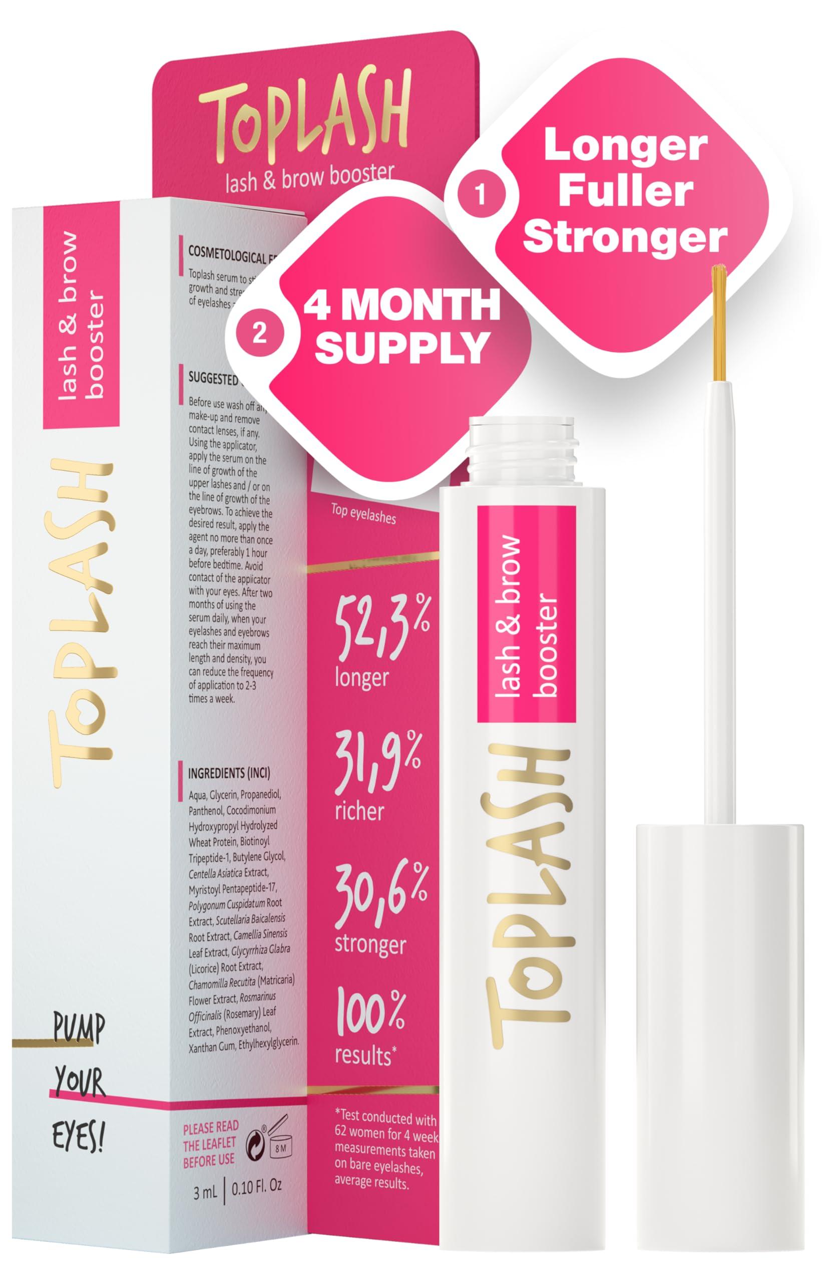 Toplash TOPLASH Eyelash Growth Serum - Innovative Formula for Longer, Thicker, Fuller Brows & Lashes - Natural, Cruelty-Free & Hypoallergenic - 0.10 fl.oz.