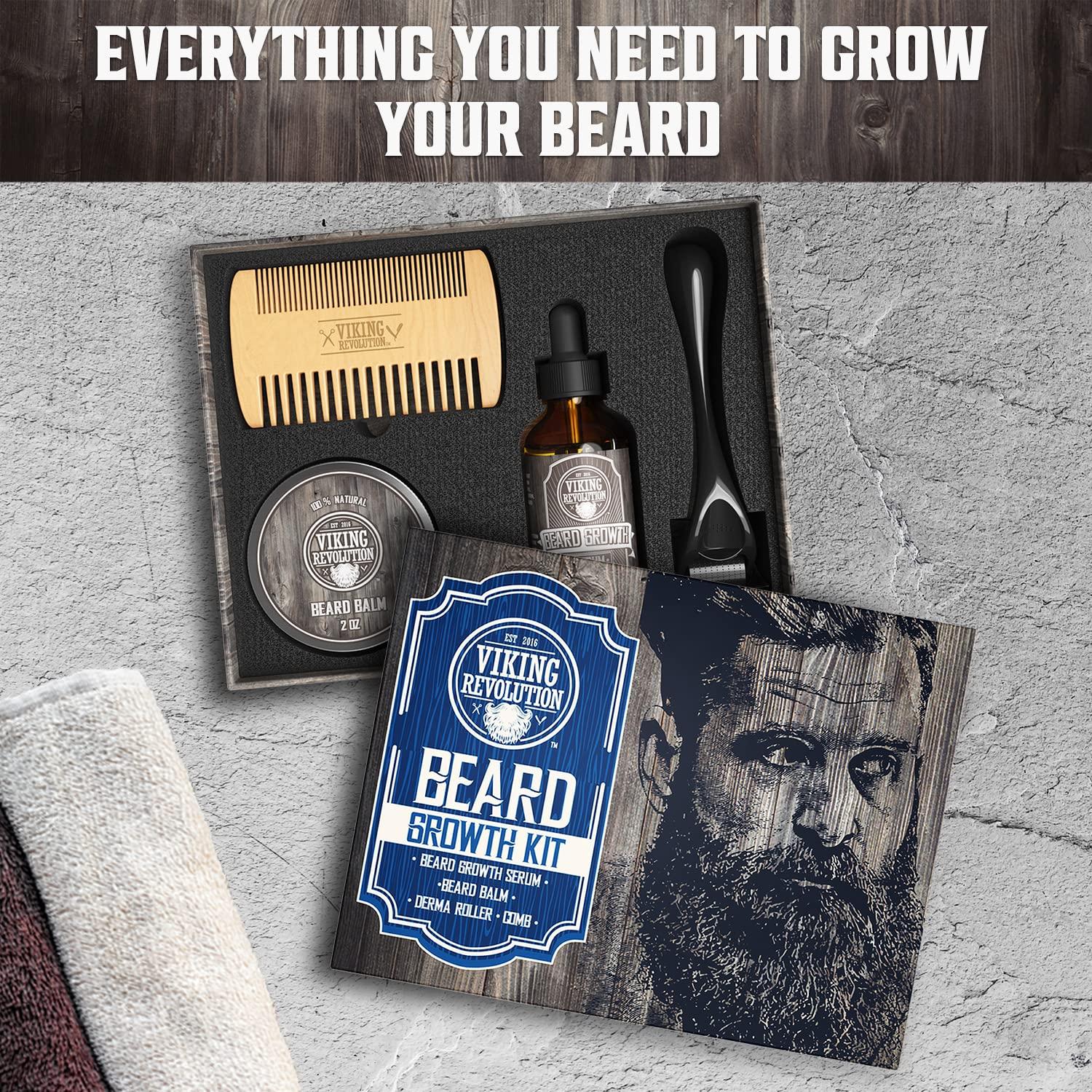 Viking Revolution Beard Growth Kit - Oil, Balm, Serum, Derma Roller & Wooden Comb for Beard & Mustache Growth