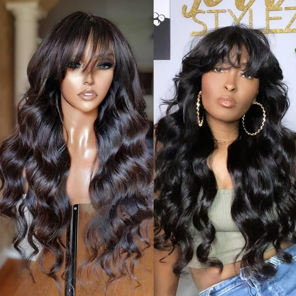 RHEANNA RHEANNA Bang Wig Human Hair 180 Density Brazilian Wavy Wig With Bangs For Black Women O Scalp Top Full Machine Made Wig 18inch