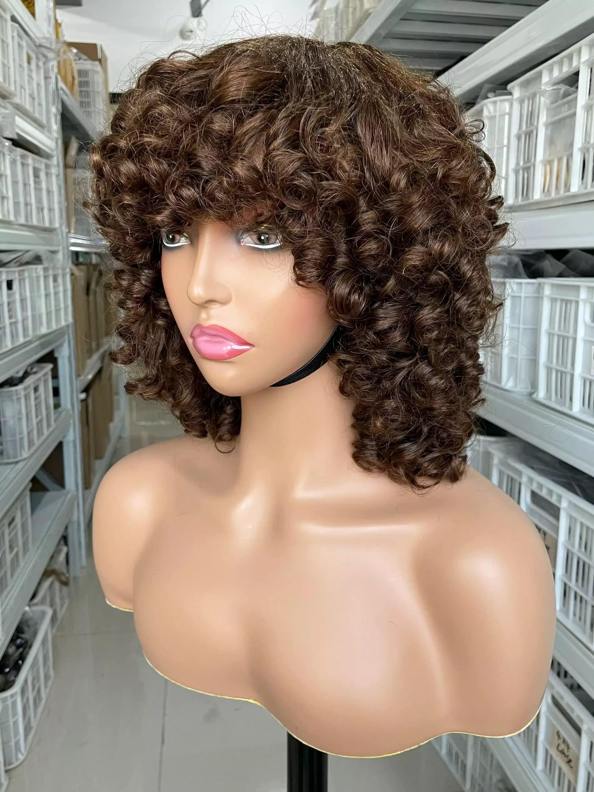 100% human hair Human Hair Curly Wig With Bangs Glueless Short Bob Wigs Curly Wig For Black Women Quality Wig Machine Made Wig With Bangs (8 inches, #2) (8 inches, Color 2)