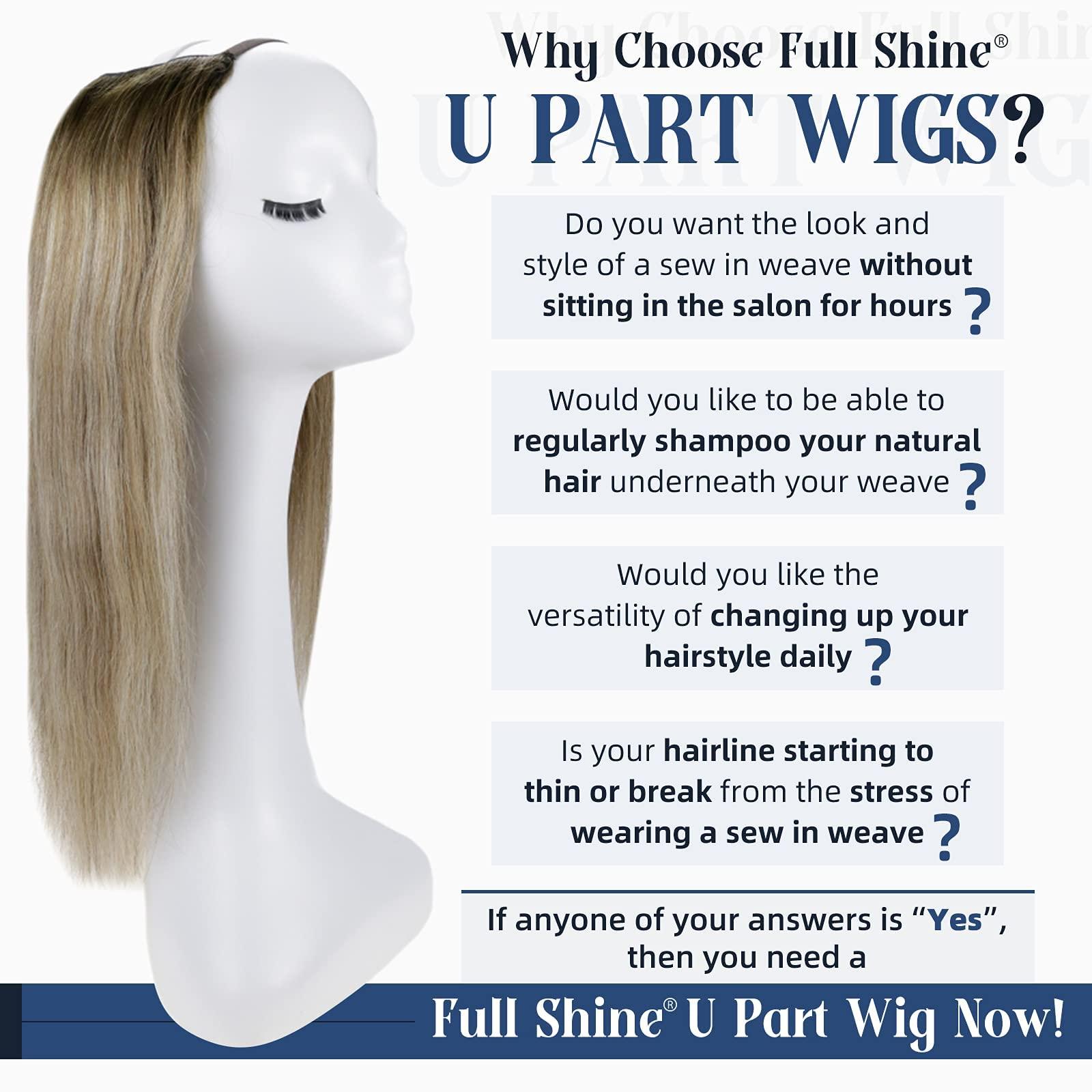 Full Shine Full Shine U Part Human Hair Wigs Half Wig With Clip Ins Middle Part Remy Hair U Part Wigs Ombre Balayage Brown with Blonde Human Hair Wigs 150Grams 20Inch