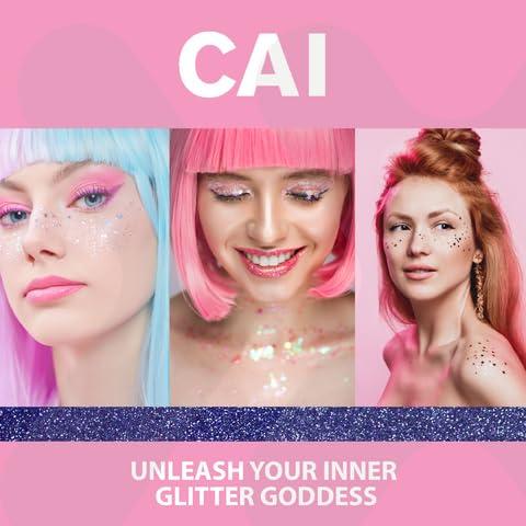 CAI BEAUTY NYC Body Glitter Gel- Face, Body & Hair (1 Pk Violet) Chunky Iridescent Holograph Stars & Moon, 3 oz | Cosmetic-Grade Makeup, Apply Without Glue, Easy to Take Off & Keep Skin Clean - for Concerts, Raves