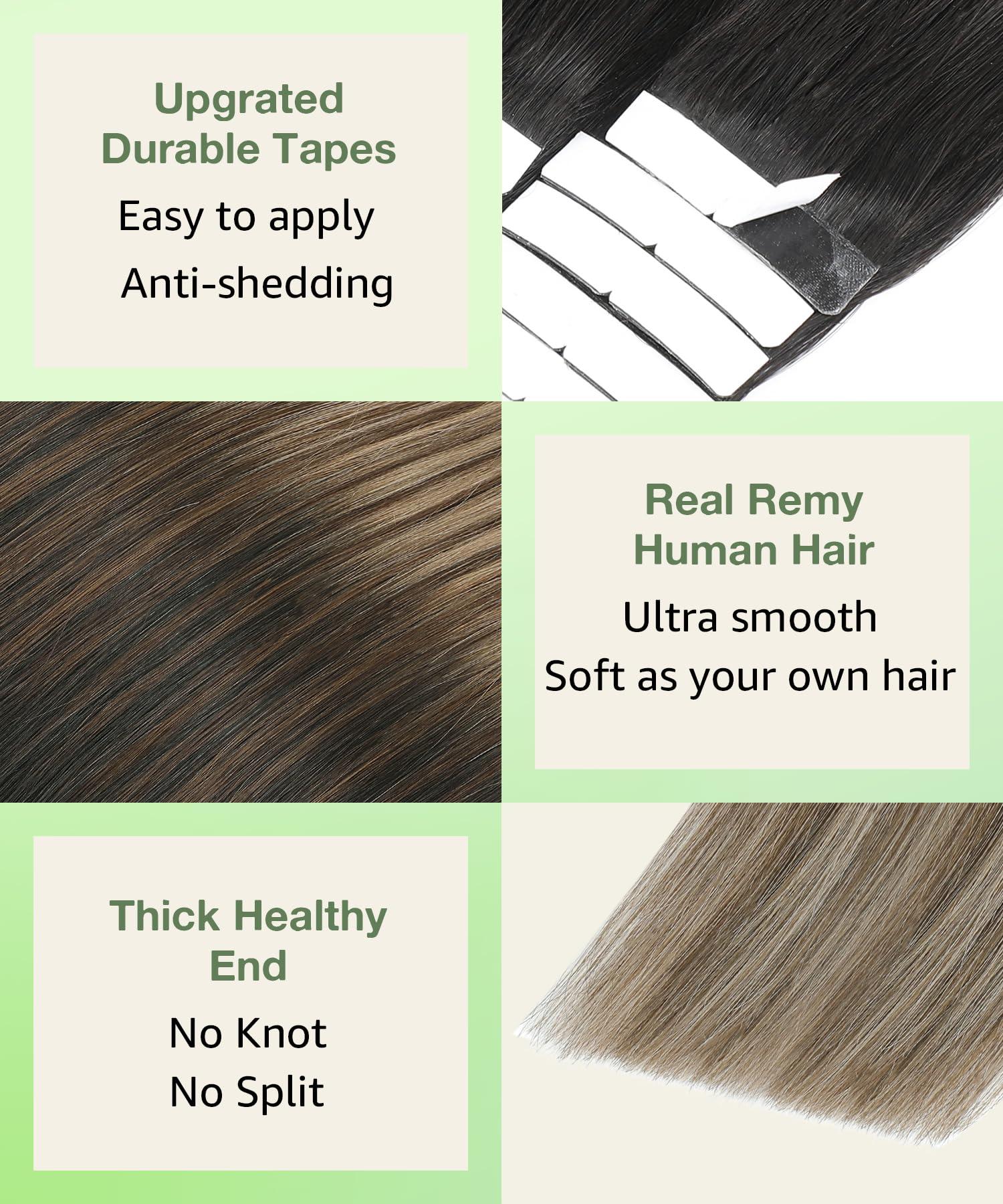 SURNEL SURNEL Tape in Hair Extensions Human Hair 16 inch Tape in Hair Extensions Color 1B Fading to 4 Brown Highlighted 27 Blonde Tape Hair Extensions 20 pcs 50g(#1B/4/27-16)
