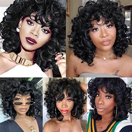 ELIM ELIM Curly Wigs for Black Women Short Kinky Curly Black Wigs for Women Big Curly Afro Soft Wig with Bangs Heat Resistant Natural Cute Synthetic Wig with Accessories Z014
