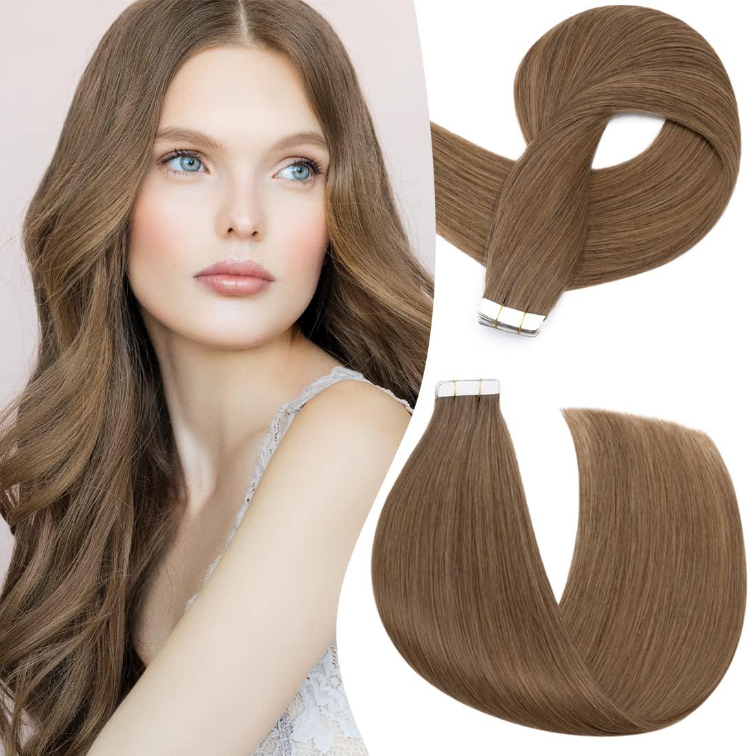 S-noilite S-noilite Rooted Tape in Human Hair Extension for Women Glue in Remy Human Hair Piece Seamless Skin Weft Invisible Double Tape Full Head Straight 40 Pcs 100 Gram 18Inch #06 Light Brown