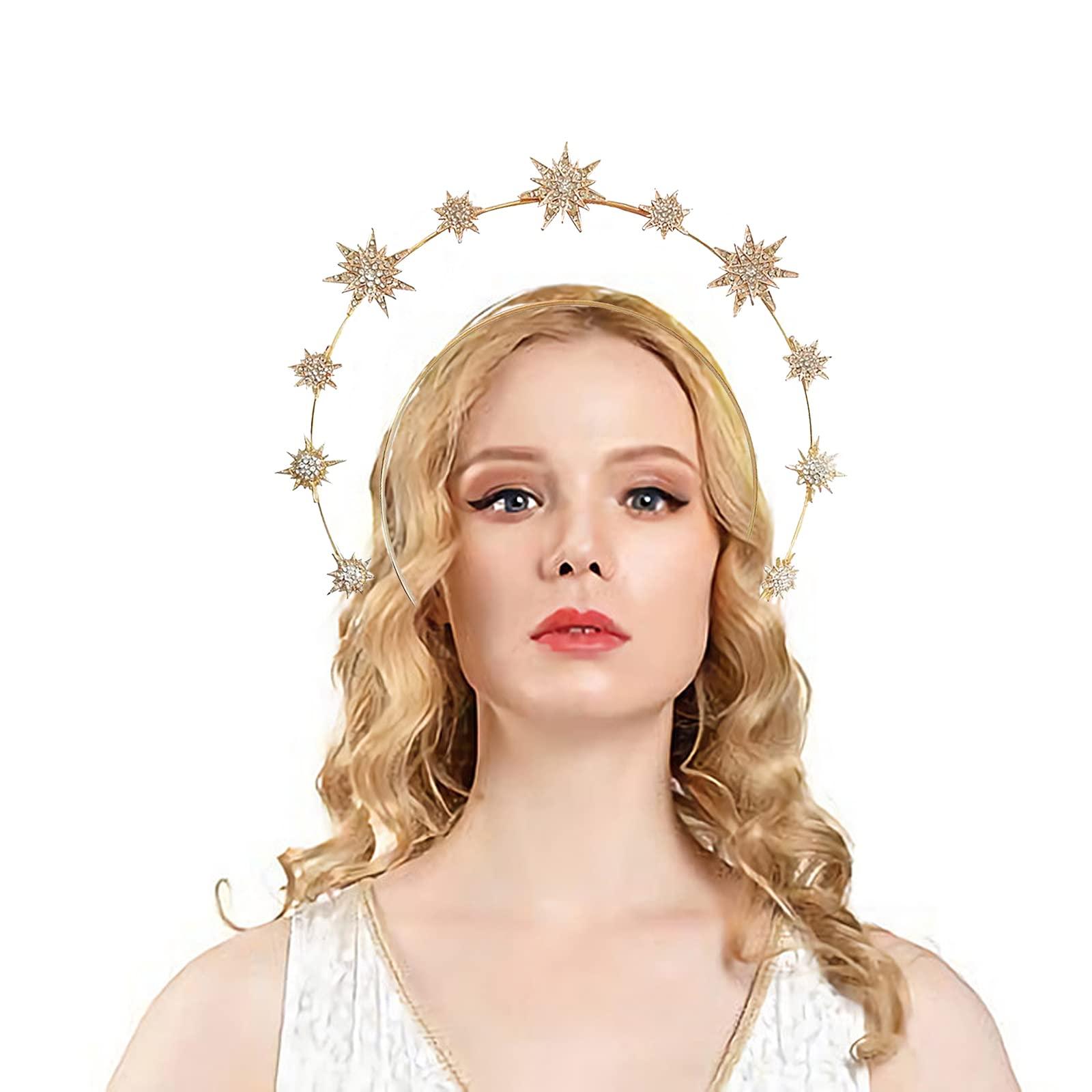 GFLPO GFLPO Halo Crown Moon Stars Goddess Crown Halo Headband Star Headband Giltter Rhinestone Halo Crown Headband Gold Halo Crown Headpiece