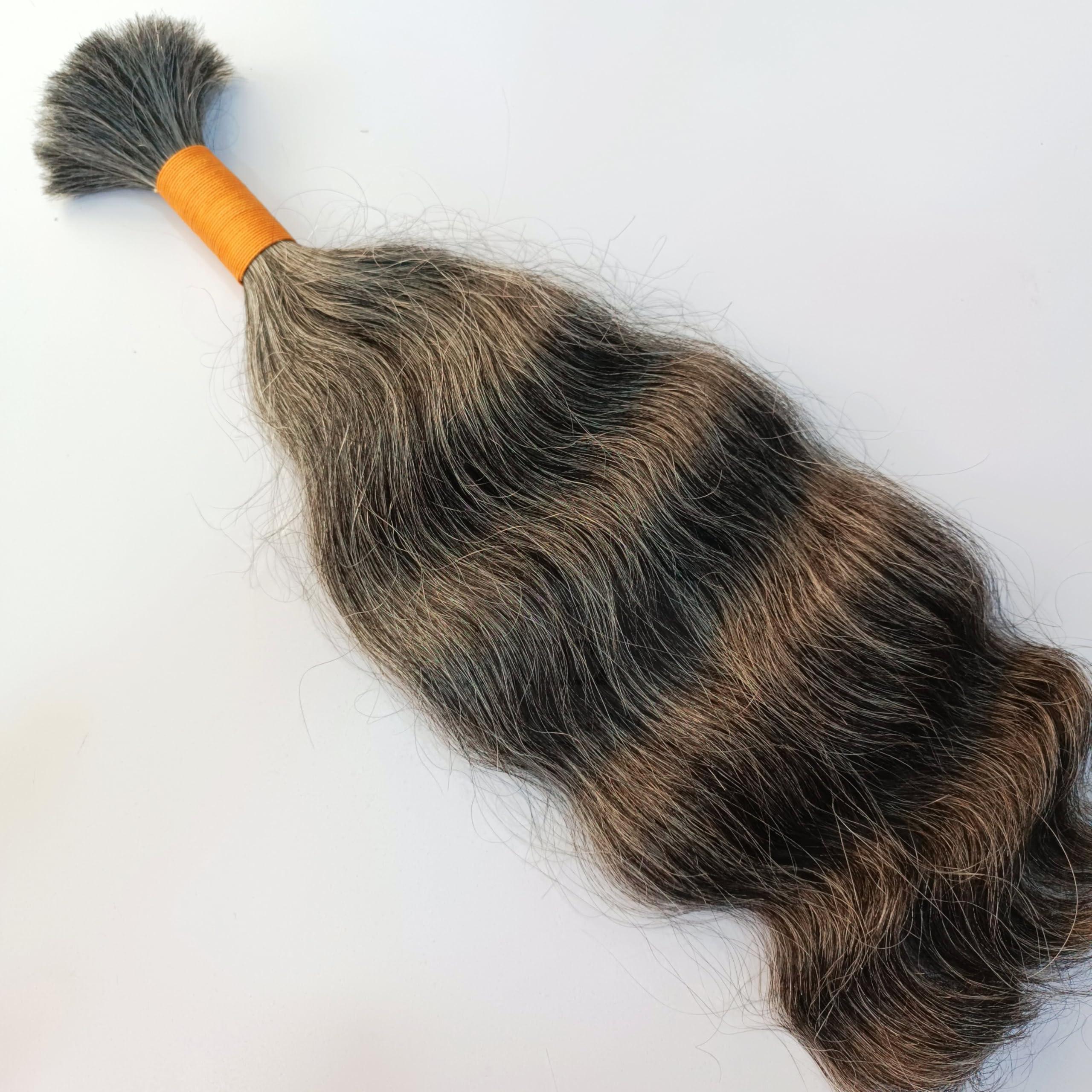 Hat Hair Extensions 100% Natural Raw Unprocessed Hair Extensions (Grey), Indian Grey Braiding Wavy Human Grey Hair Extensions salt and pepper. non-sewn bulk/braid grey salt and pepper human hair. (14 Inches)