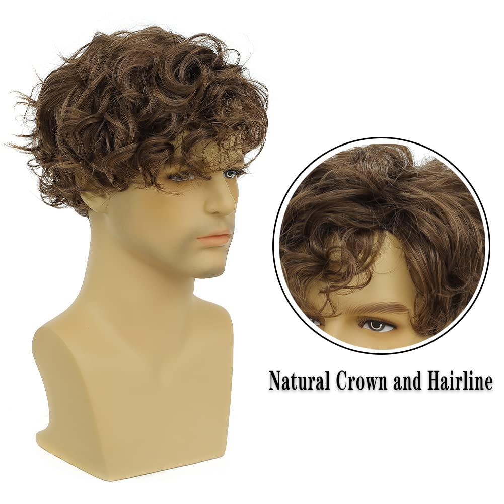 Tseses Tseses Short Brown Wigs for Men Curly Layered Natural Looking Side Part Hair Heat Resistant Synthetic Wigs with Wig Cap (Brown)